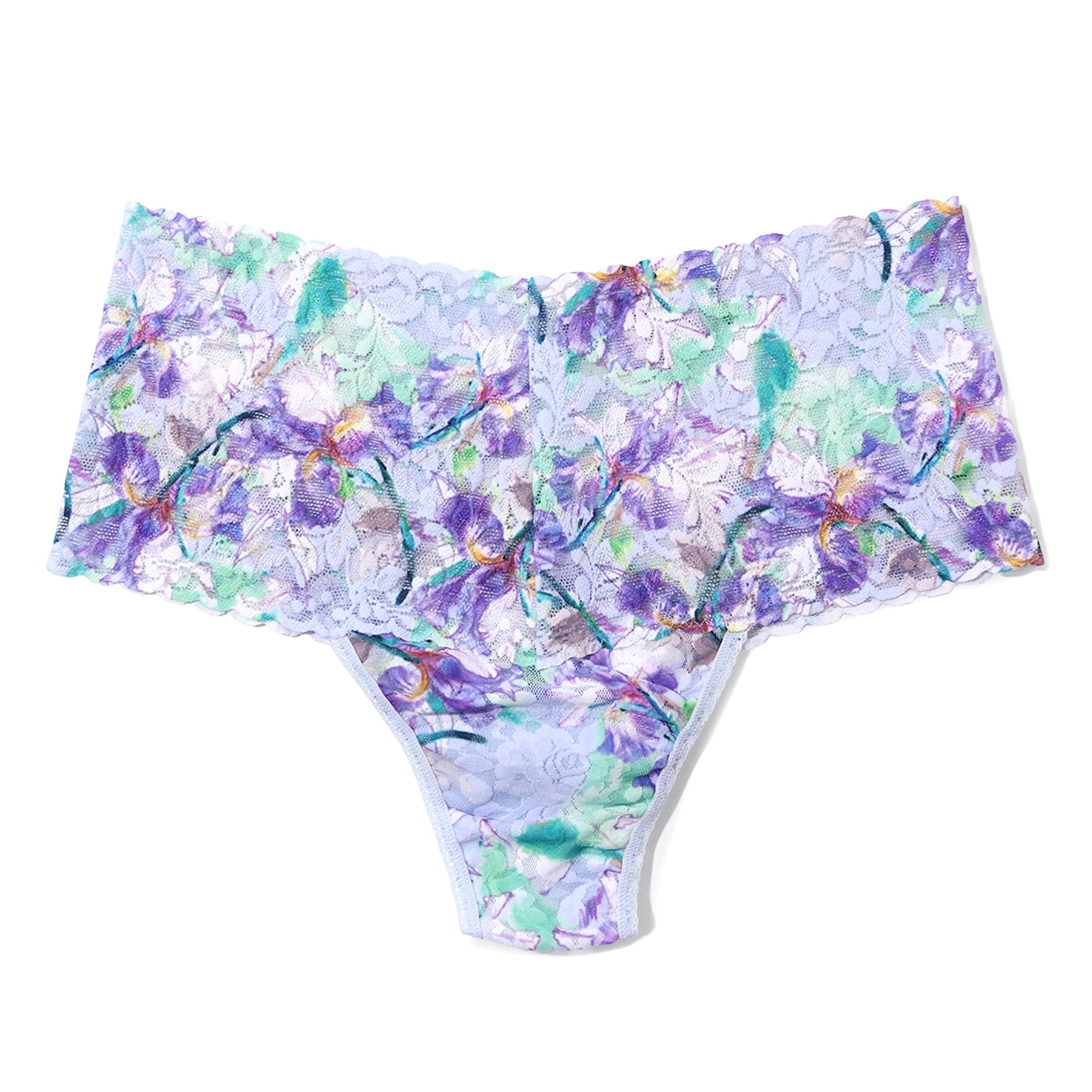 Hanky Panky Printed Original Rise Thong in Plein Air, featuring watercolor-inspired purple iris florals on signature stretch lace with a soft, lightweight feel and comfortable scalloped trim.