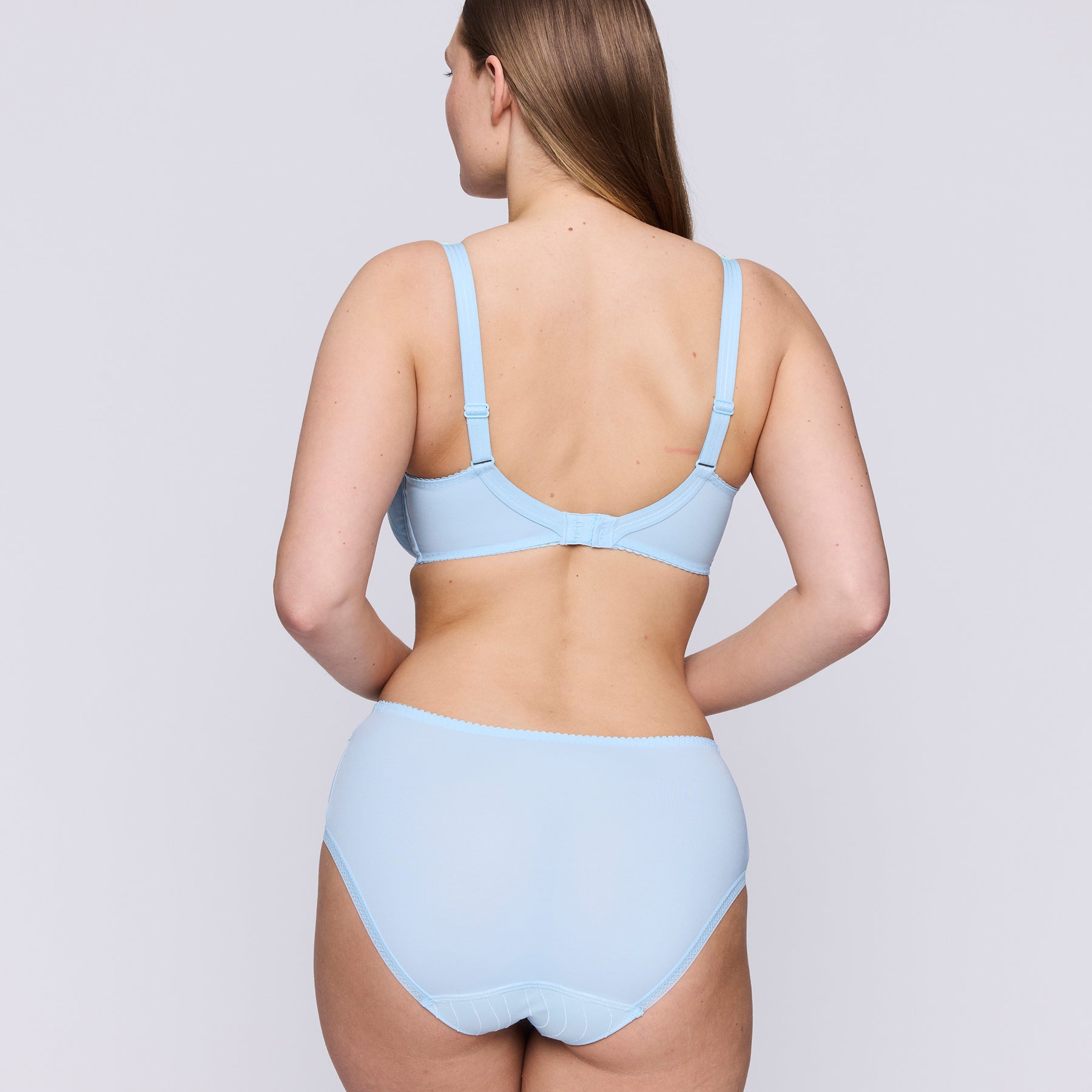 Full brief in milky baby blue with contrast lime green embroidery at hips. Rear view on model shown with matching full cup bra.