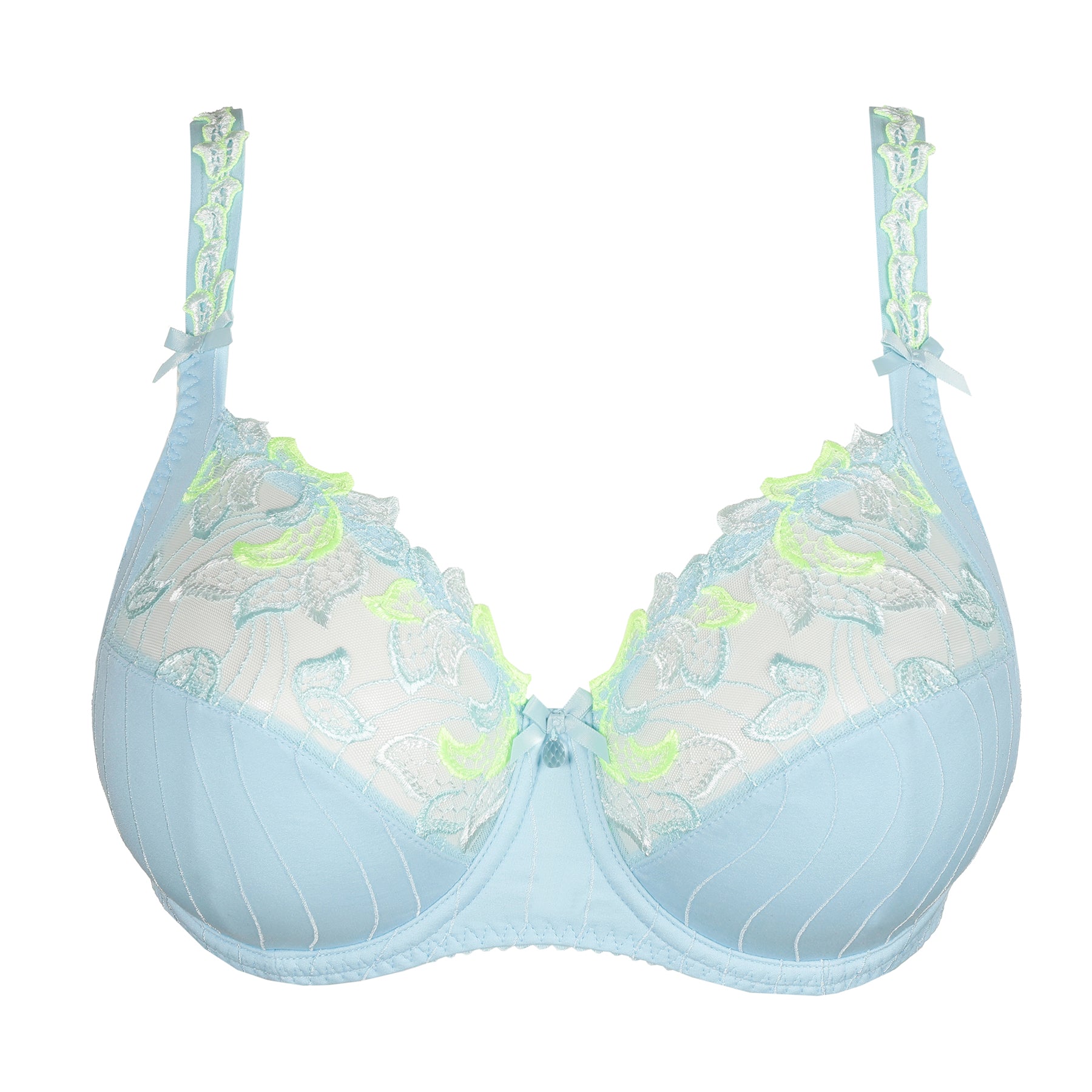 Full cup underwired bra in milky baby blue with contrast lime green embroidery on upper cups. Front view without model.
