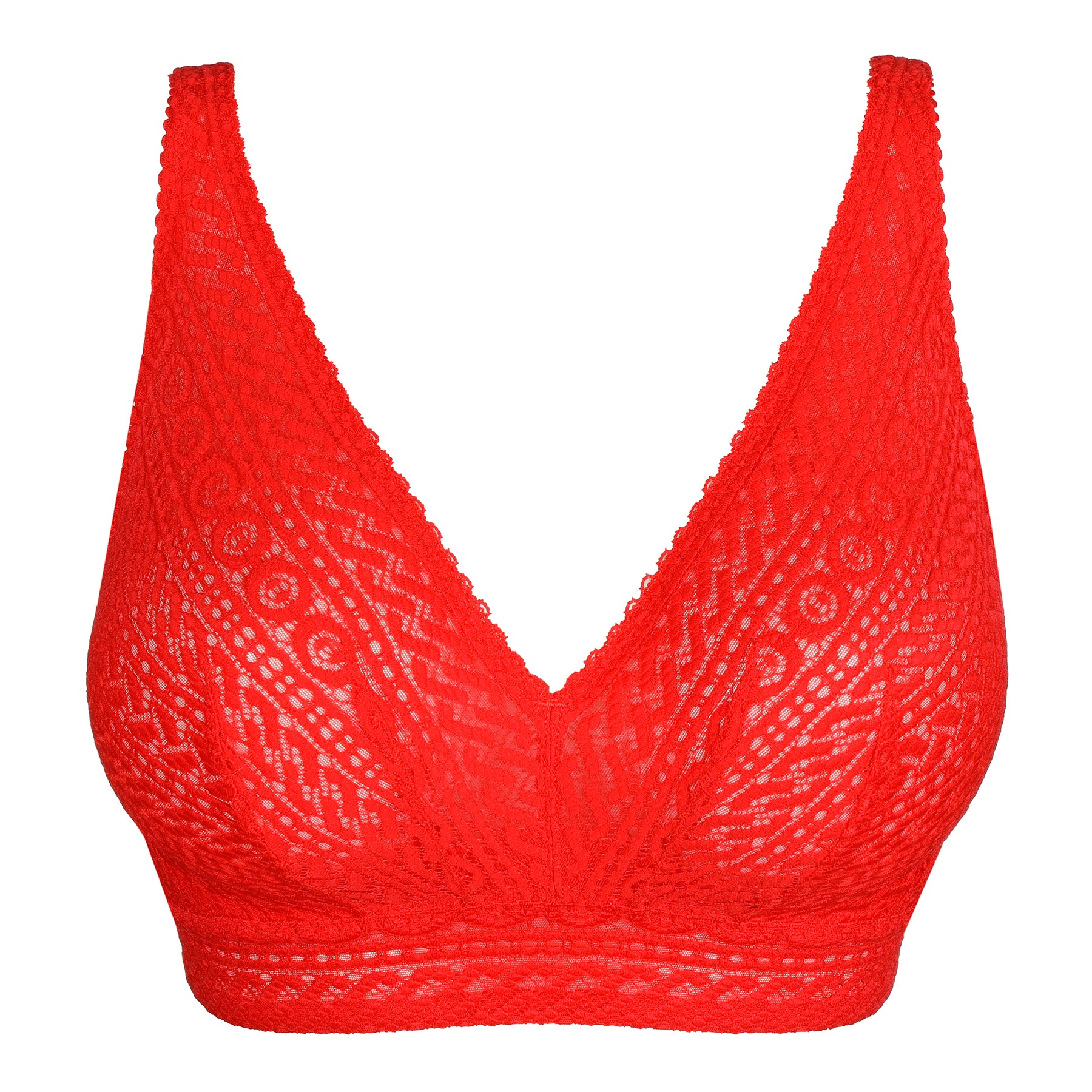 PrimaDonna Montara wireless plunge bra in true red with geometric lace, longline band, and deep V neckline on white background