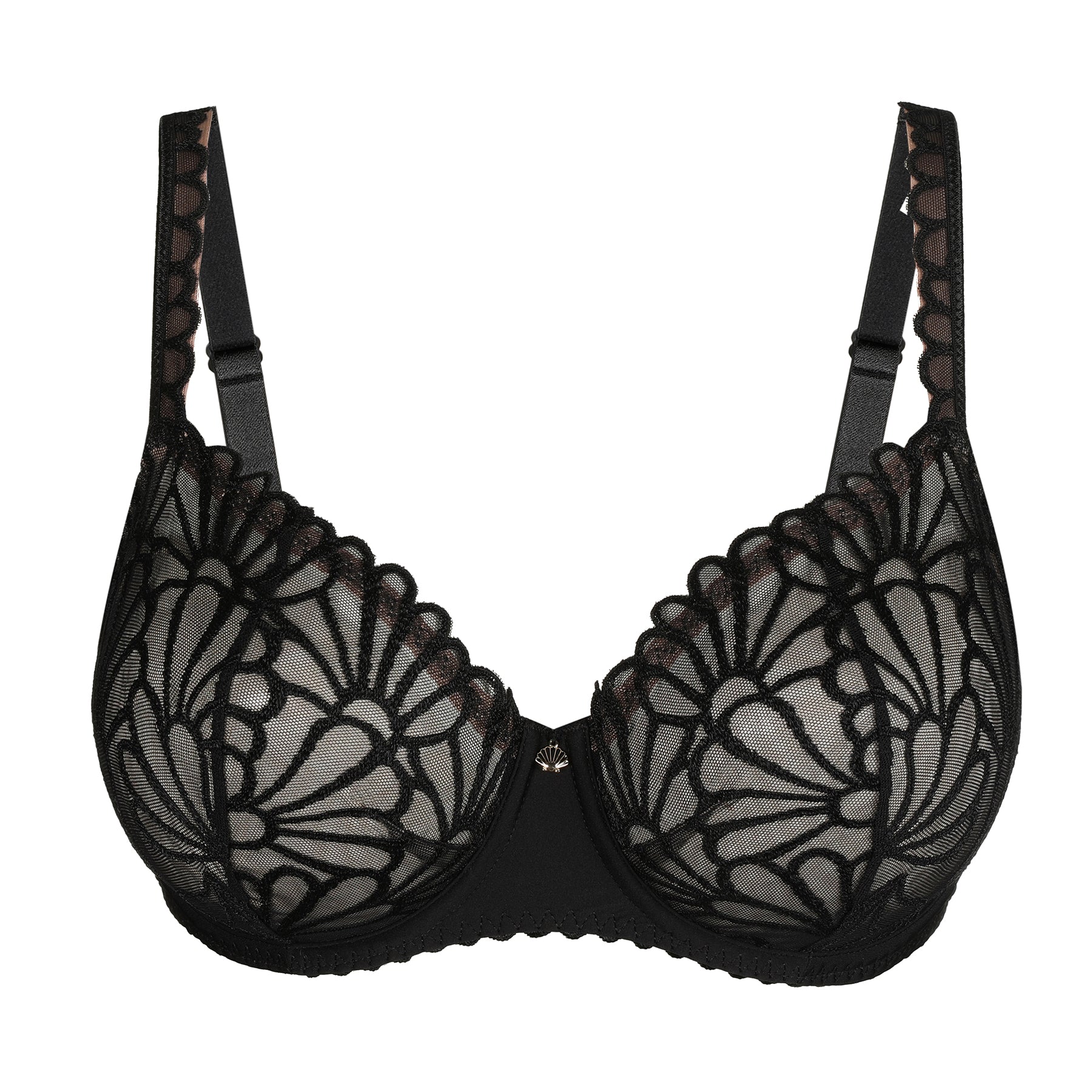 Flat-lay of PrimaDonna Gallipoli Balcony Bra in black, sheer embroidered cups with fan-shell pattern and gold charm at centre.