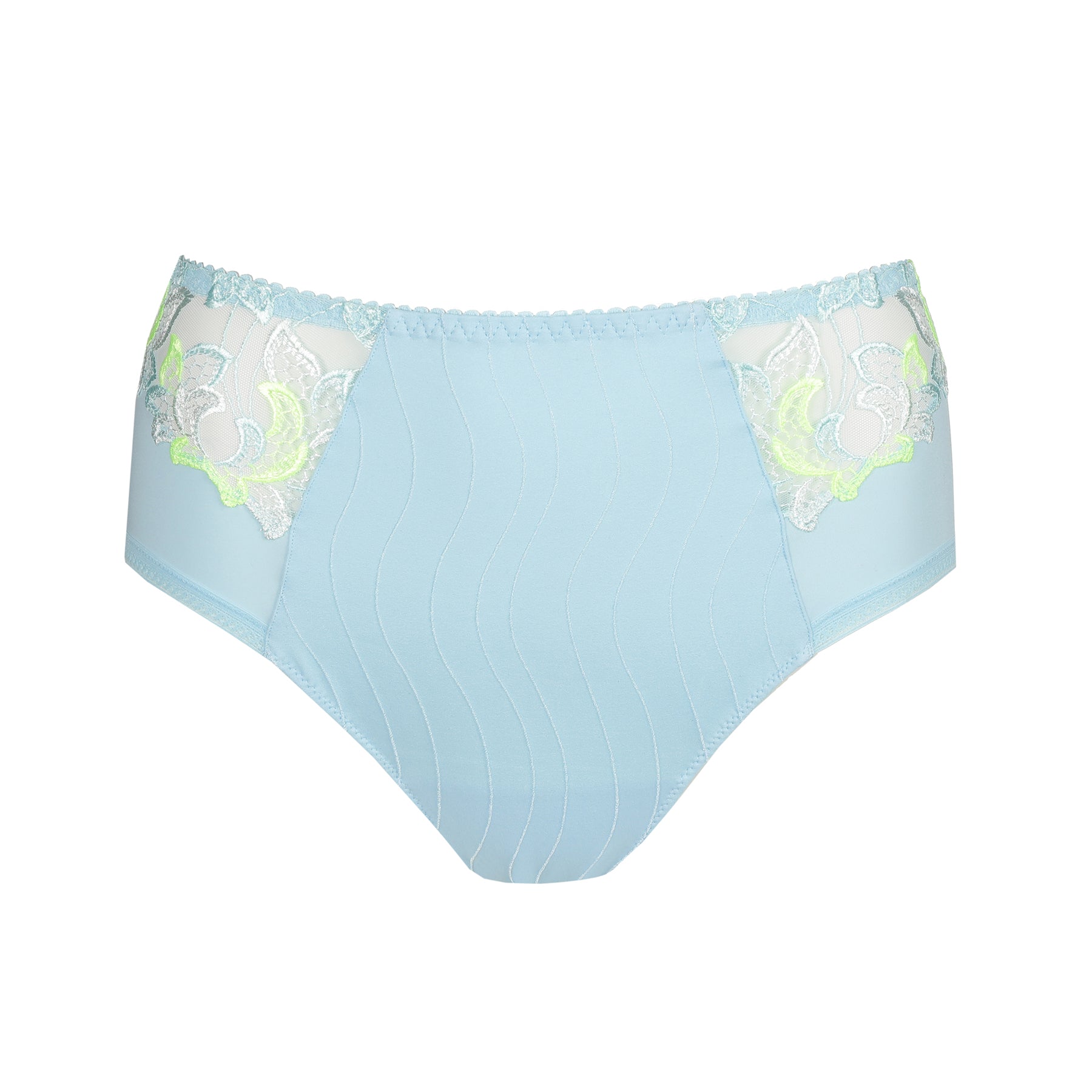 Full brief in milky baby blue with contrast lime green embroidery at hips. Front view without model.