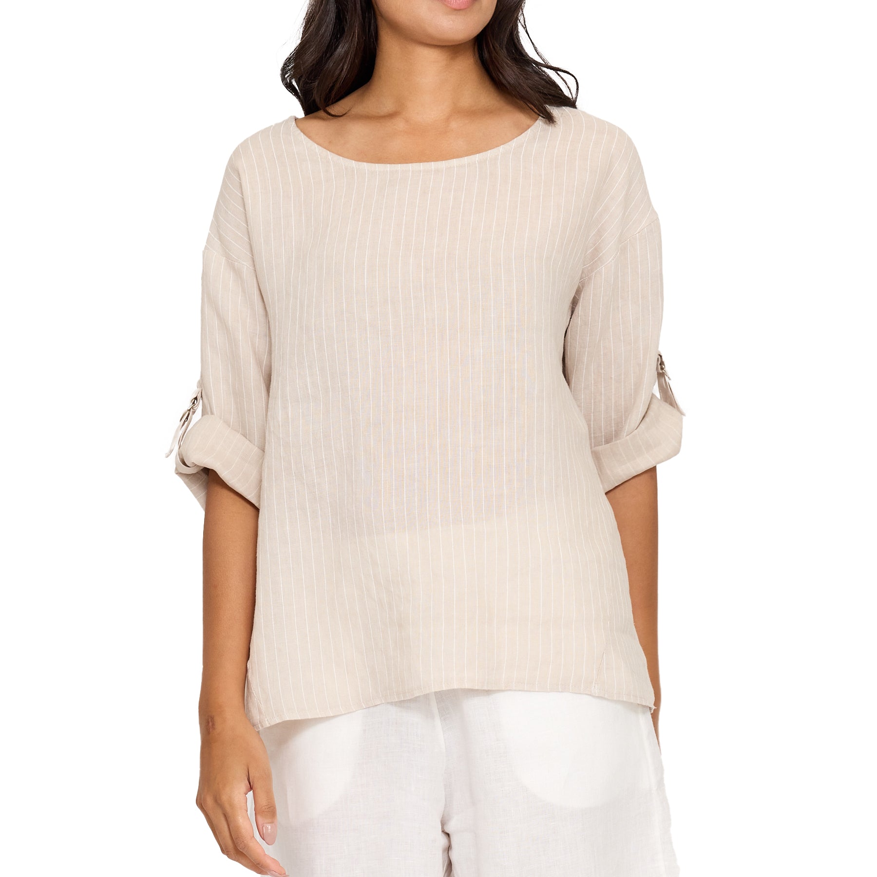 Close-up of beige pinstripe linen blouse with round neckline and rolled tab sleeves