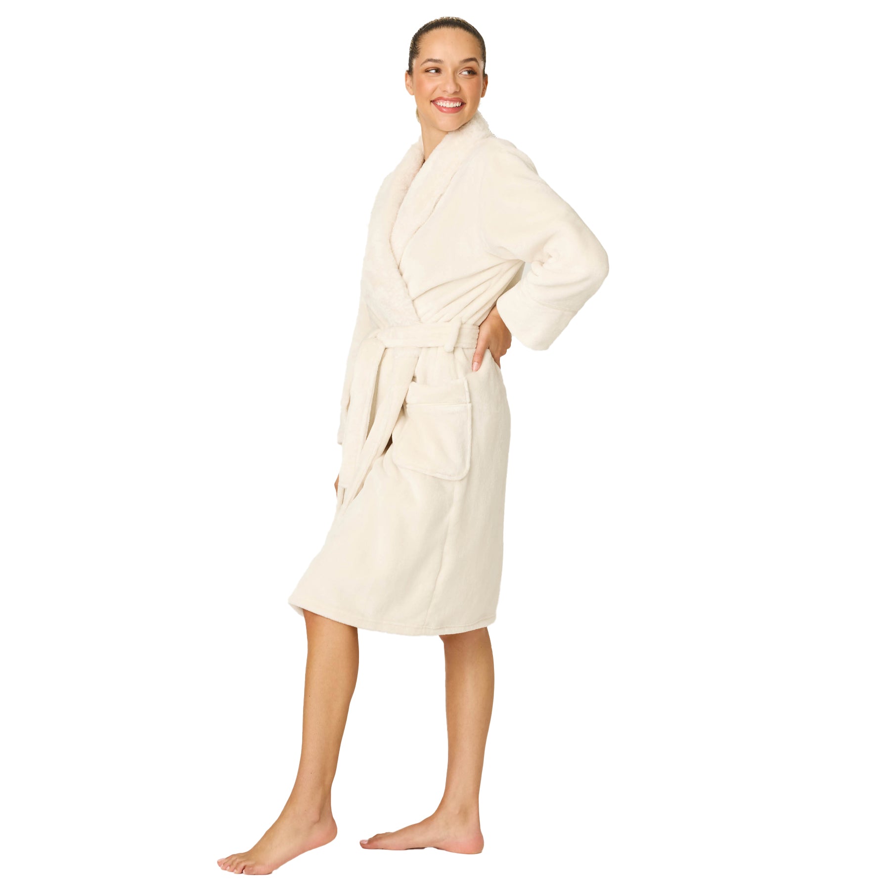 Woman wearing a cream-colored robe on a white background