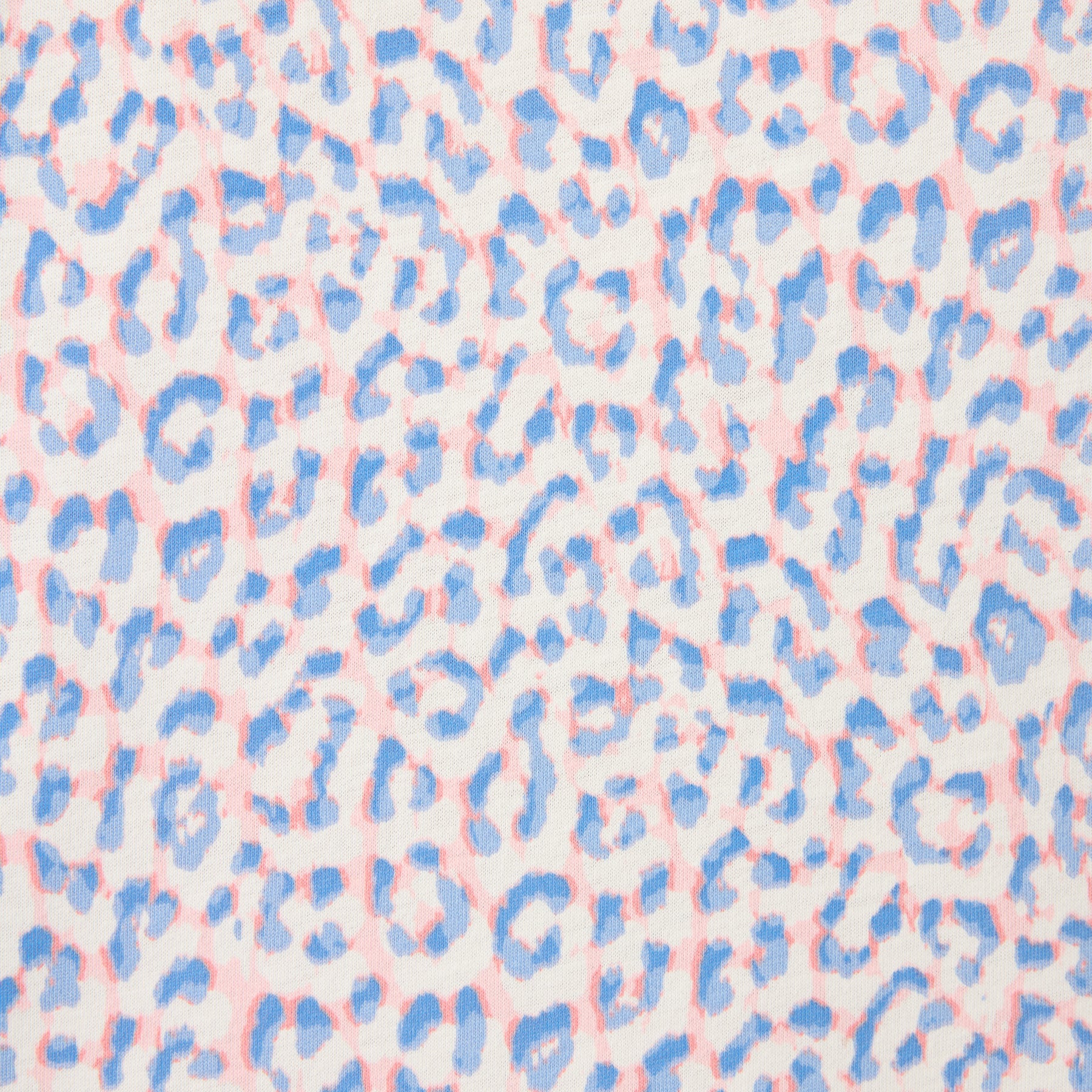 Fabric swatch showing bluebird leopard print on soft cotton pyjama material with blue and blush tones