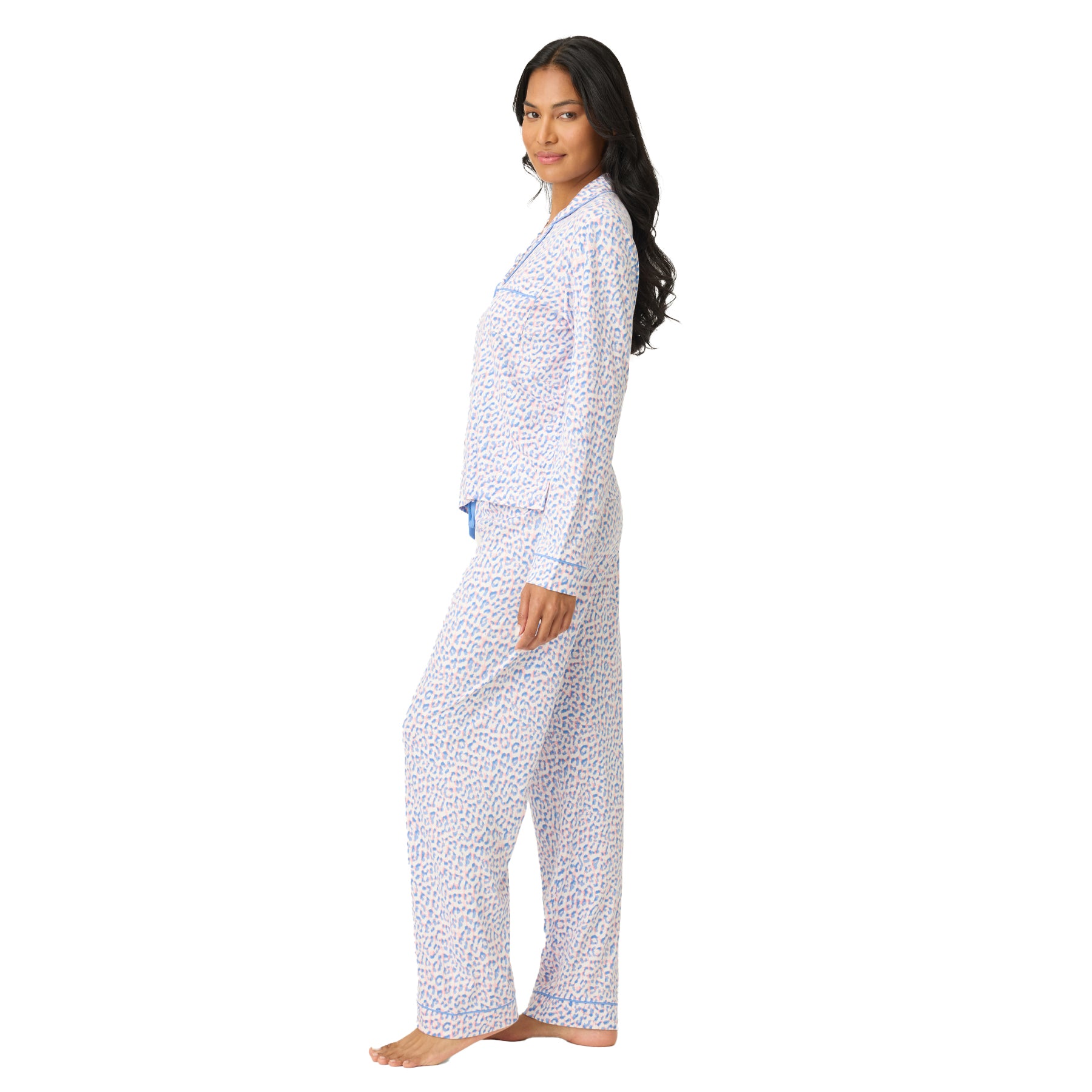 Side view of bluebird leopard print pyjama set showing relaxed fit long-sleeve top and straight-leg pants
