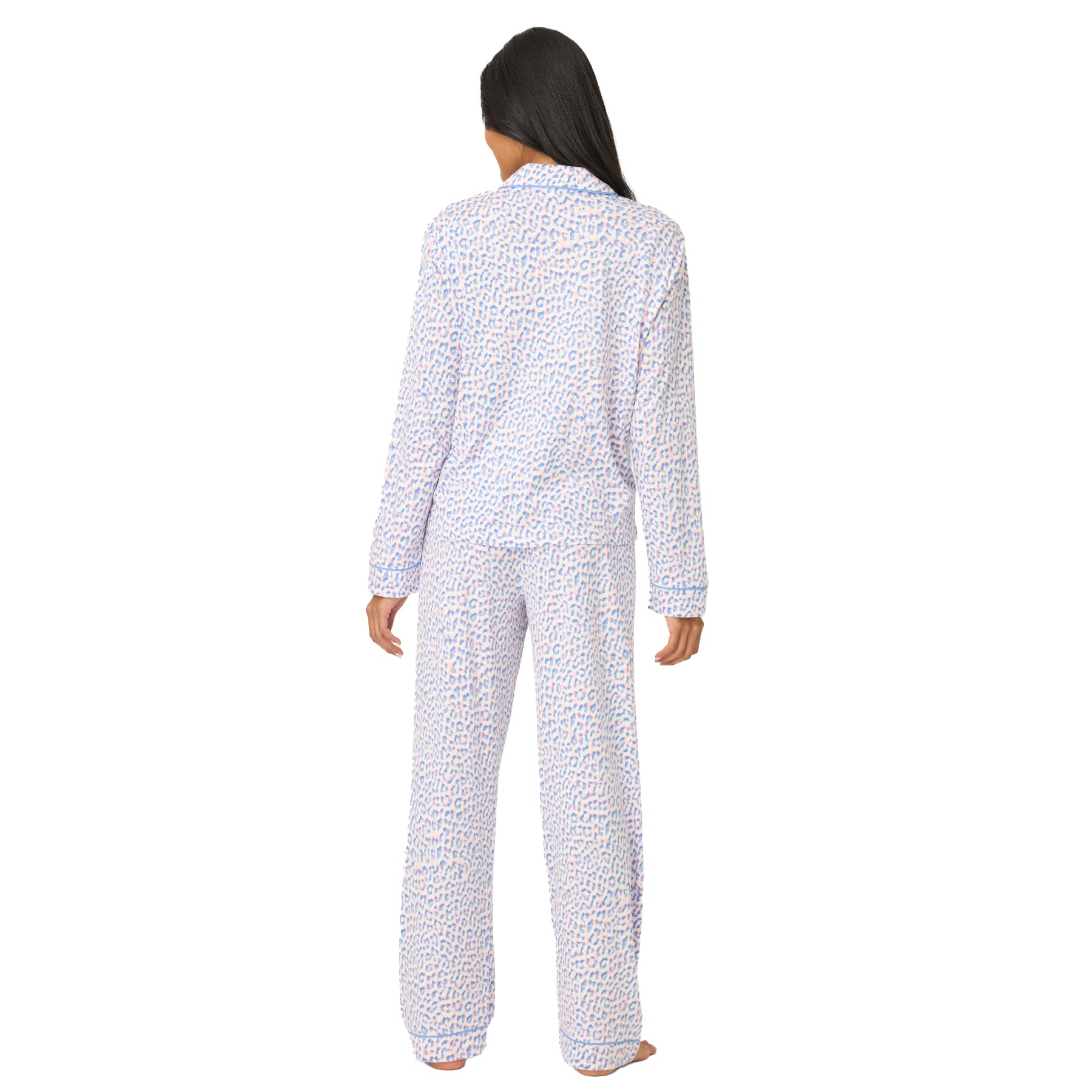 Back view of bluebird leopard print pyjama set with long sleeves and full-length pants on a white background
