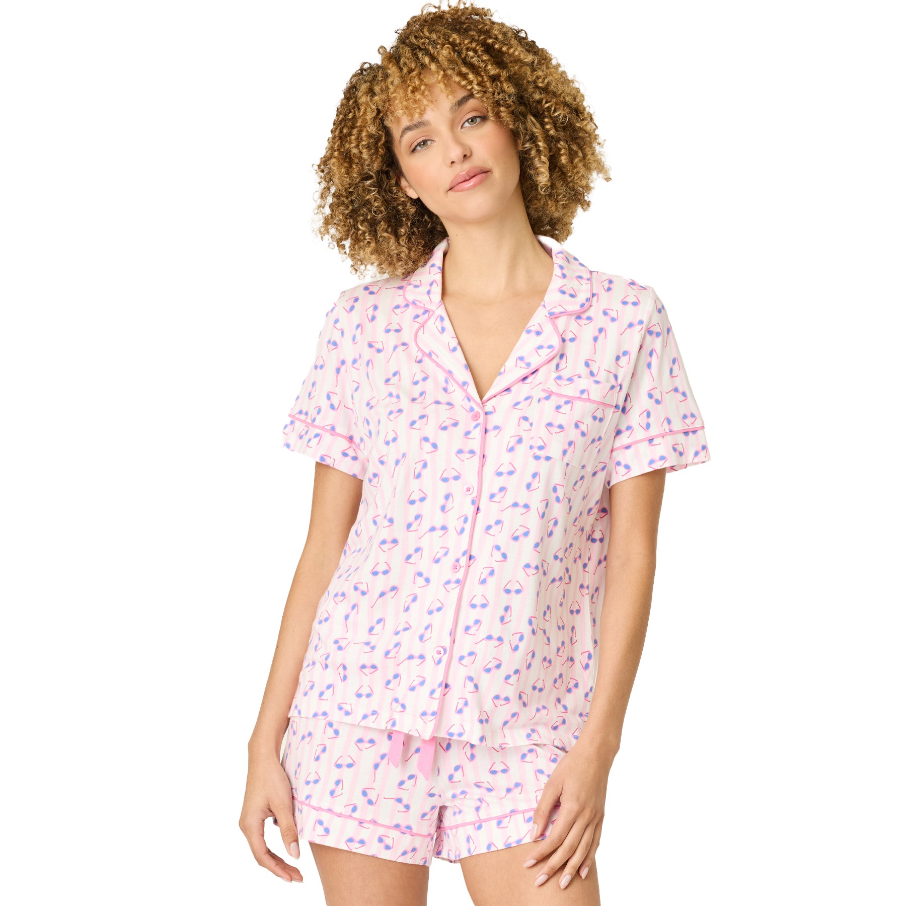 Women’s light pink button-front pyjama set with sunglasses print and shorts, front view