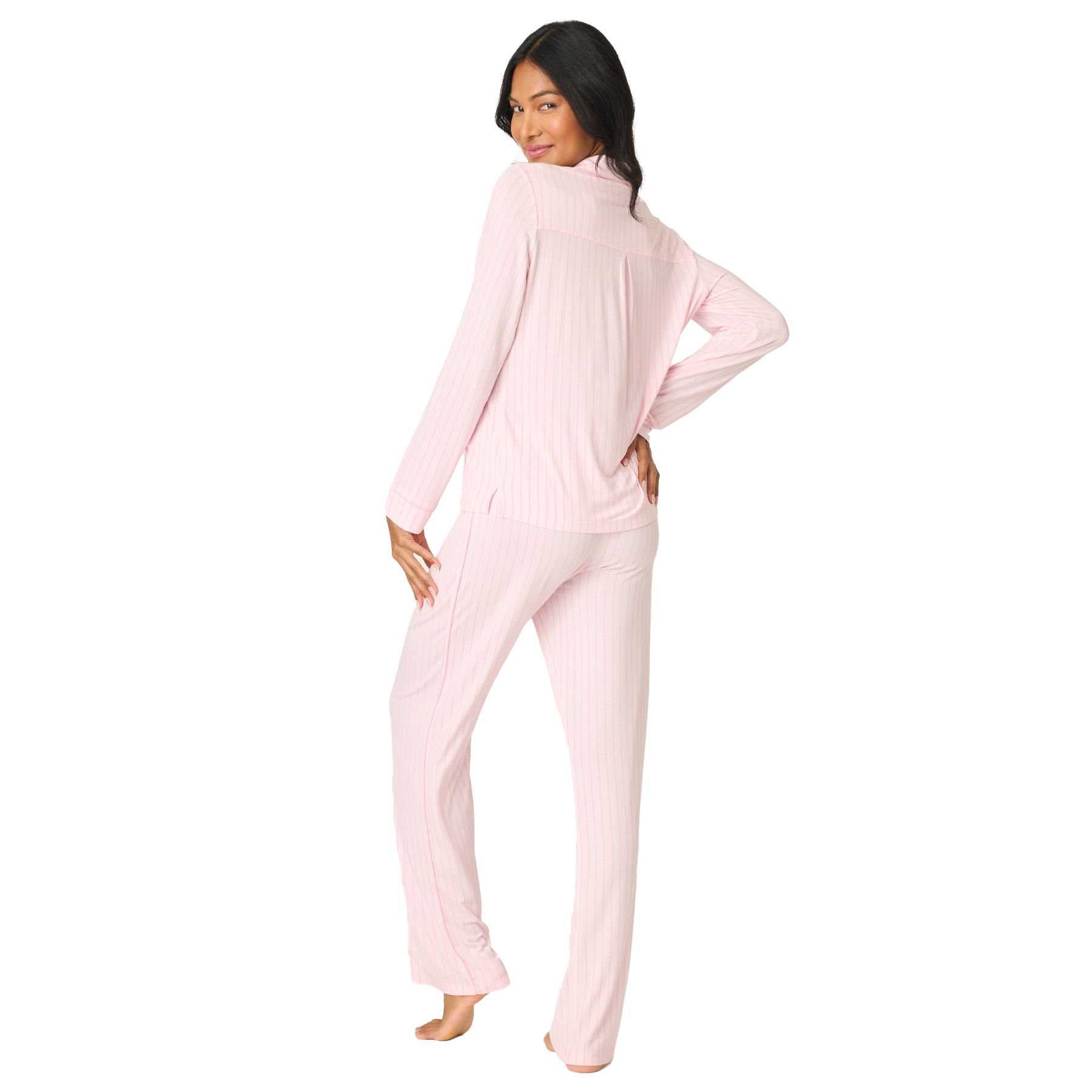 Back view of women’s ballet pink striped pyjama set with long sleeves and relaxed fit pants