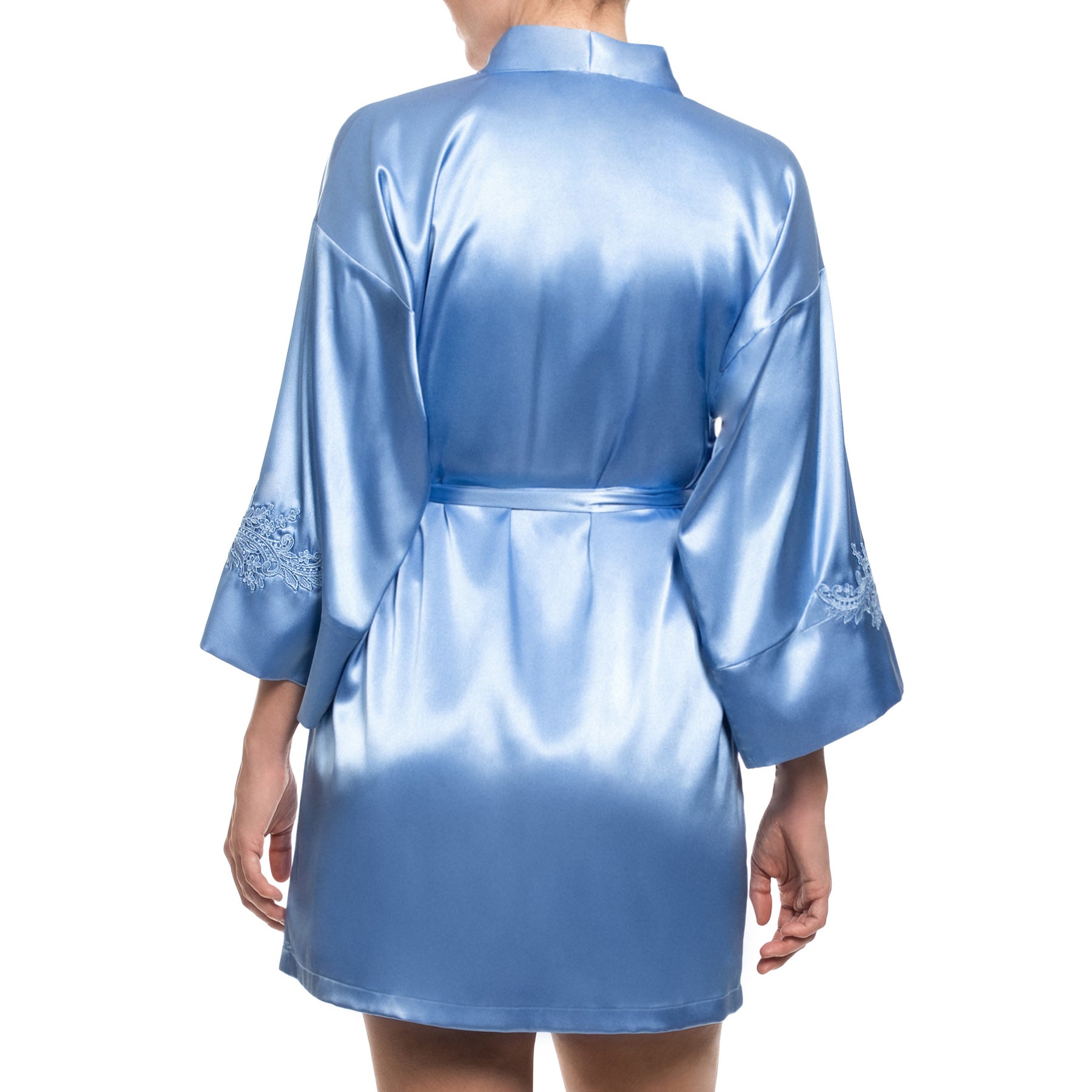 Cornflower blue satin robe with tie waist and lace embroidery on kimono sleeves, front view.