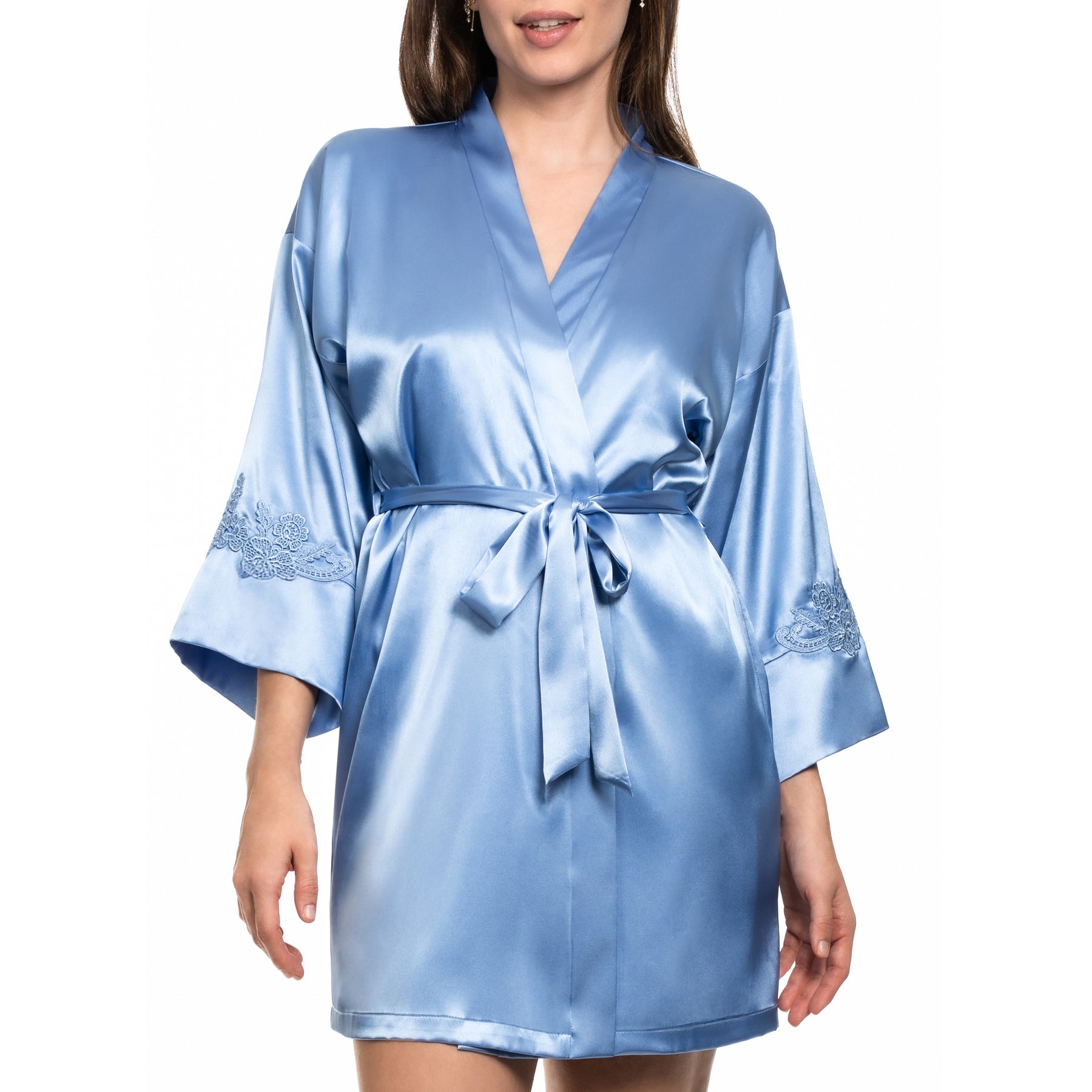 Cornflower blue satin robe with waist tie and embroidered lace detail on sleeves, back view.