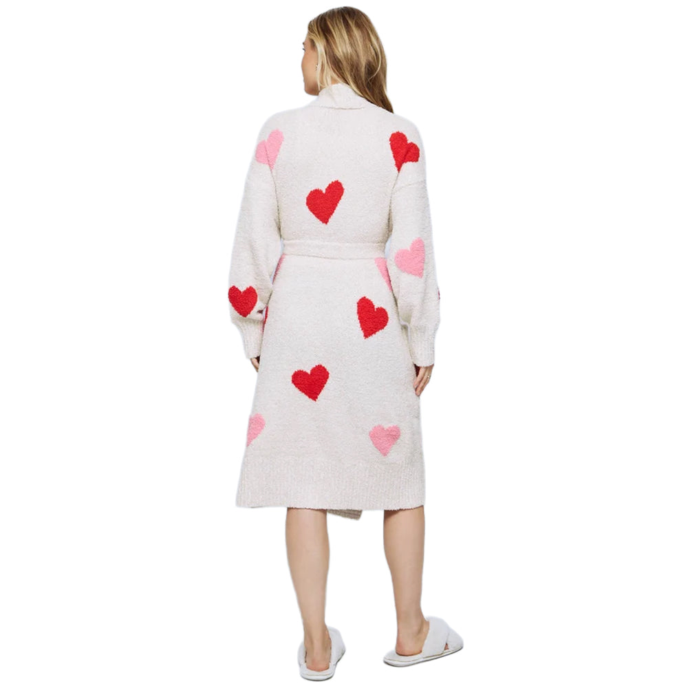 Back view of a women's oat heather knit robe featuring scattered red and pink hearts, long sleeves, a matching waist belt, and a relaxed mid-calf silhouette.