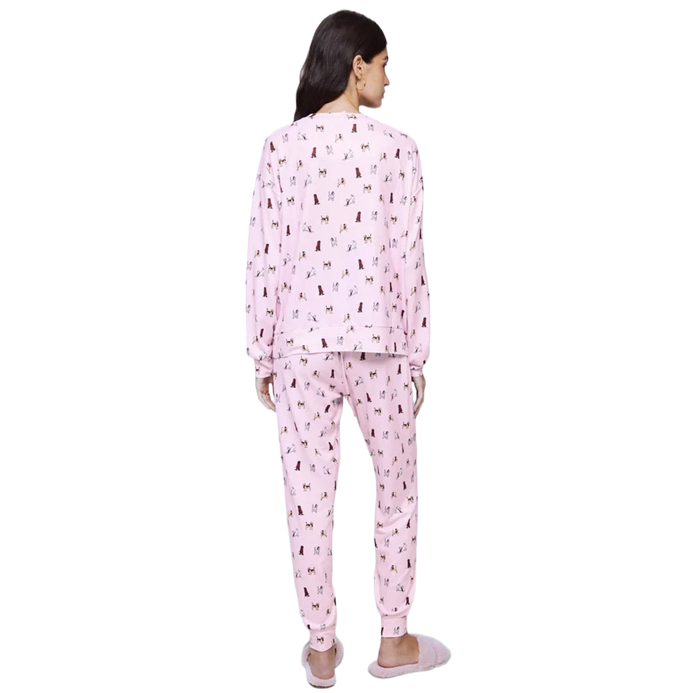 Back view of Splendid Cozy Canines pink pajama set featuring an all-over dog print, long-sleeve crewneck top, and matching jogger pants with cuffed ankles.