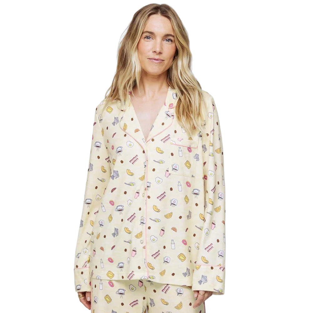 Splendid Pillowsoft pajama top with notched collar, button front, chest pocket, pink piping, and colourful breakfast print.