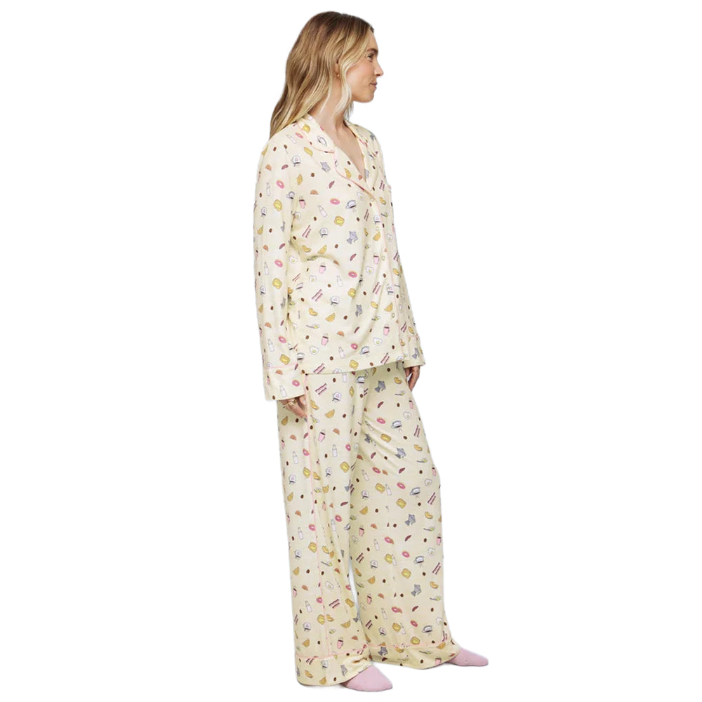 Side view of Splendid Pillowsoft PJ Set showing the relaxed fit, long sleeves, and wide-leg pajama pants with colourful breakfast print.