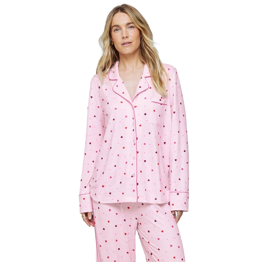 Splendid Pillowsoft pink heart print pajama top featuring a notched collar, button front, chest pocket, and contrast pink piping.