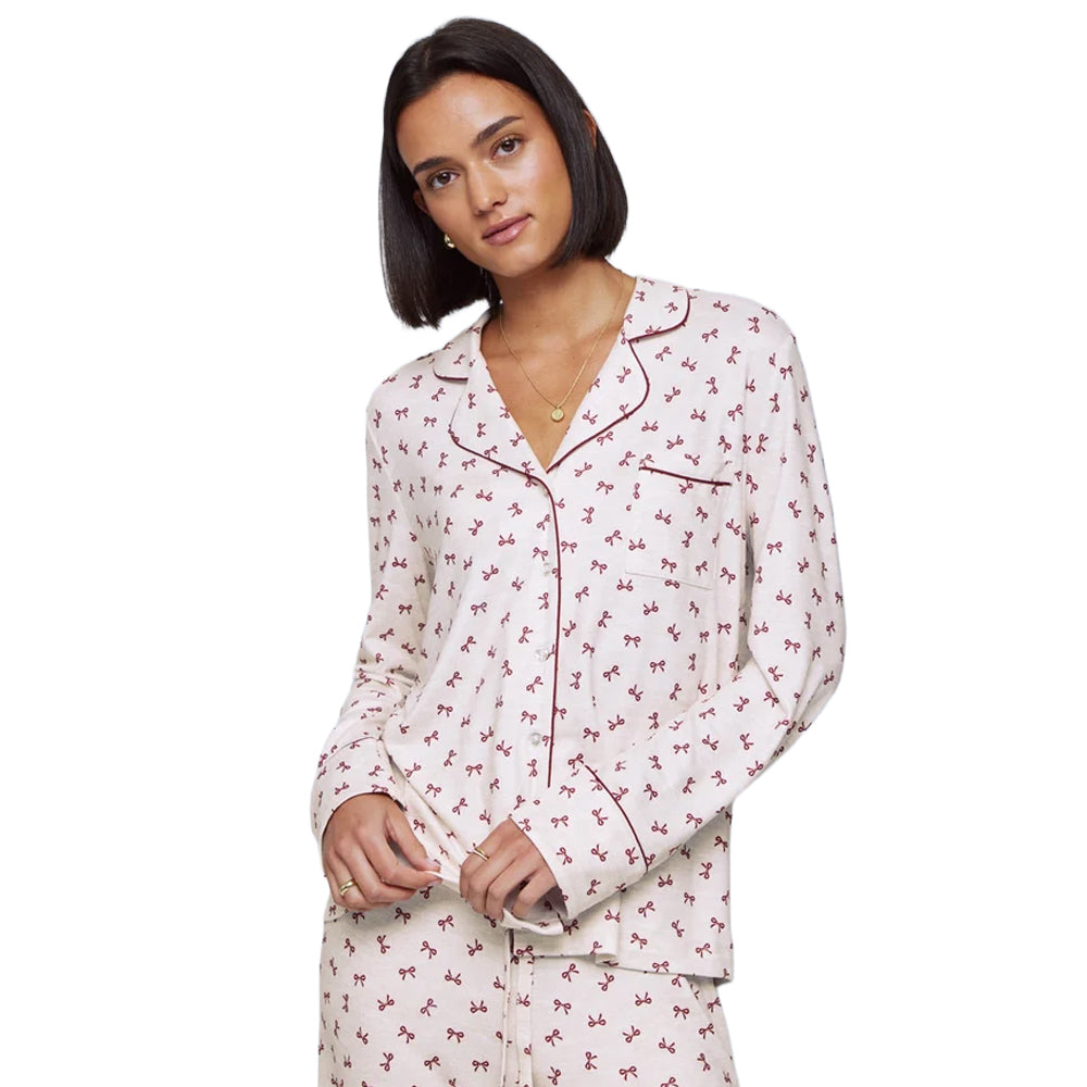 Splendid Pillowsoft women's pajama top in White Bow Toss print, featuring a notched collar, button front, chest pocket, and burgundy piping.