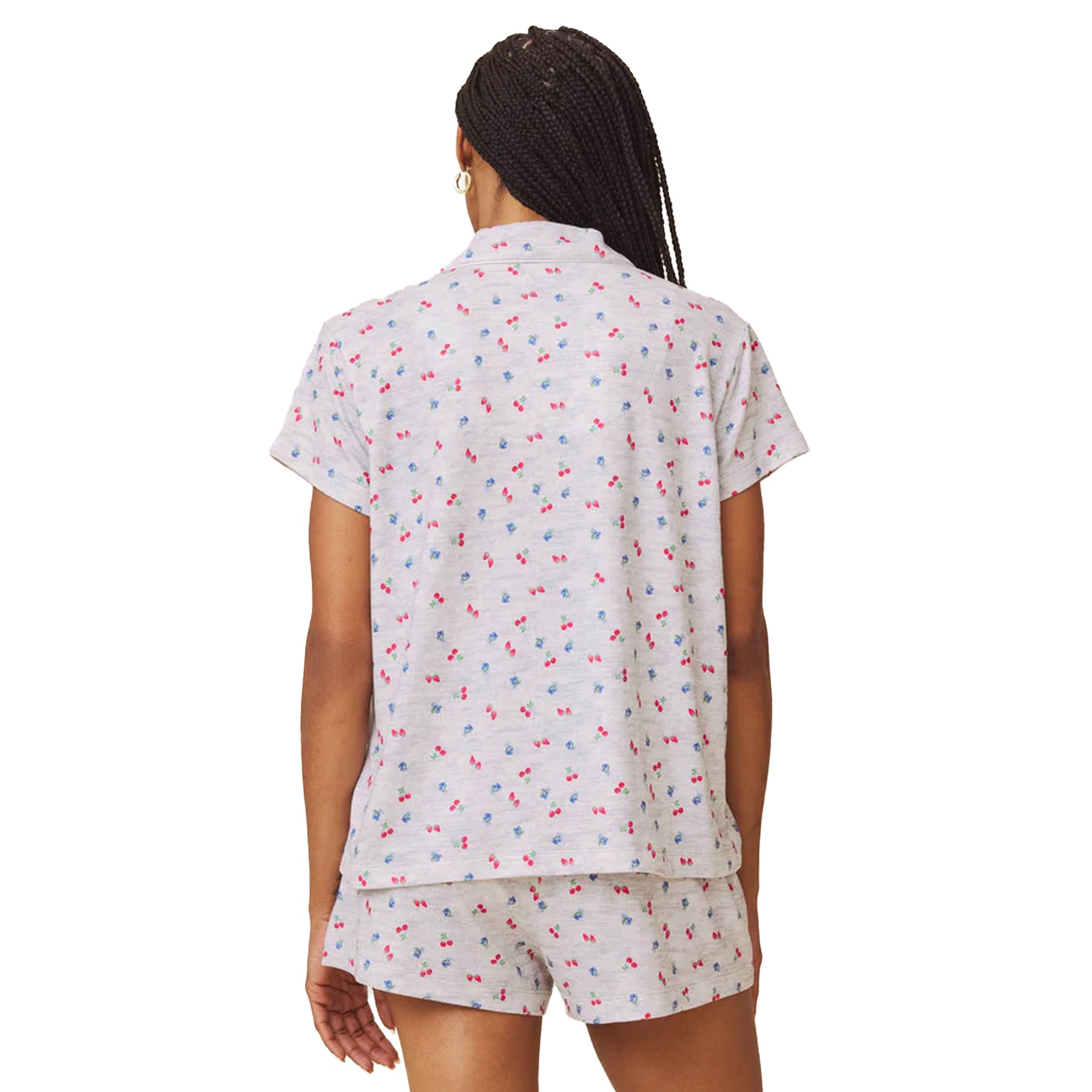 Back view of grey short sleeve pyjama set with colourful fruit print and relaxed fit