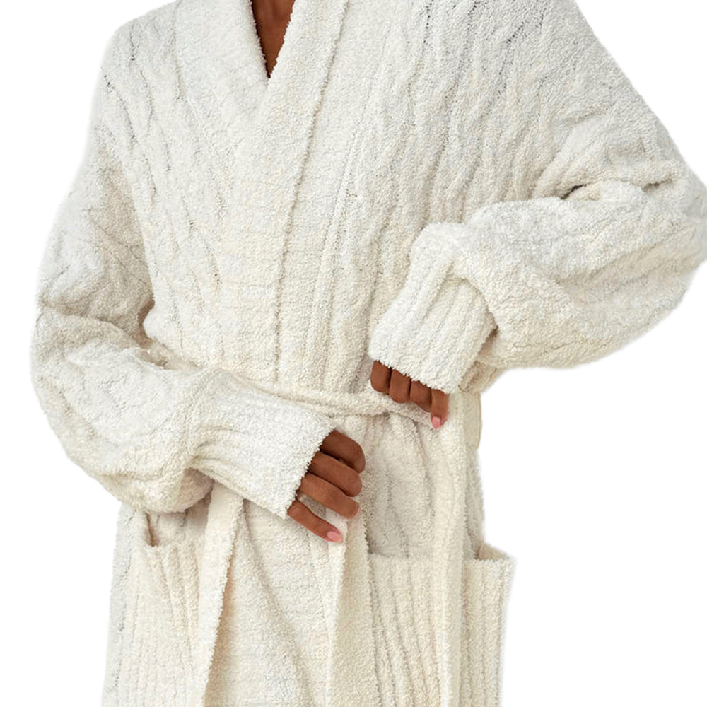 Detailed view of Splendid ivory robe showcasing its plush ribbed texture, wide shawl collar, long sleeves with ribbed cuffs, and matching self-tie waist belt.