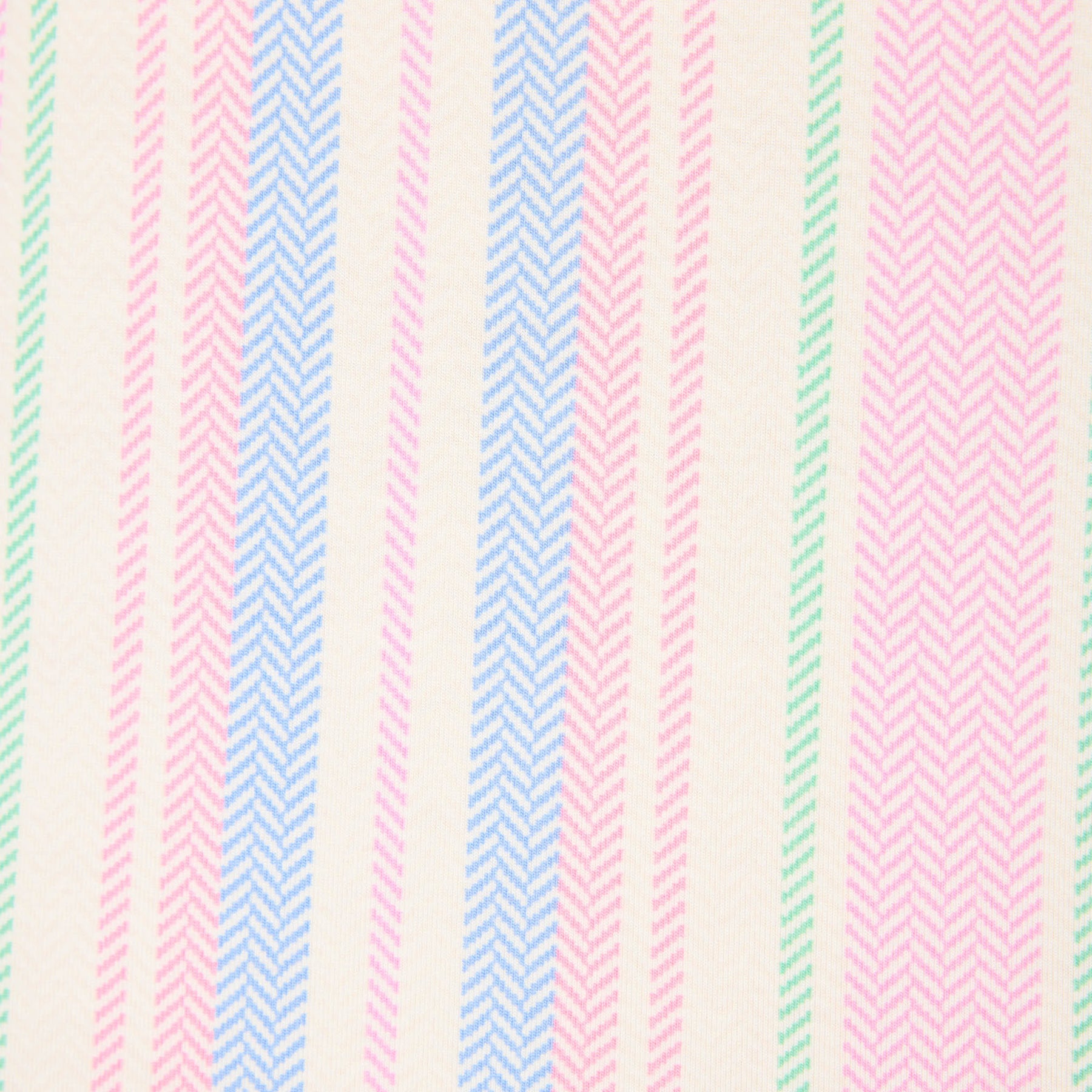 Close-up of pastel striped fabric with blue, pink, and green herringbone lines on a light background.