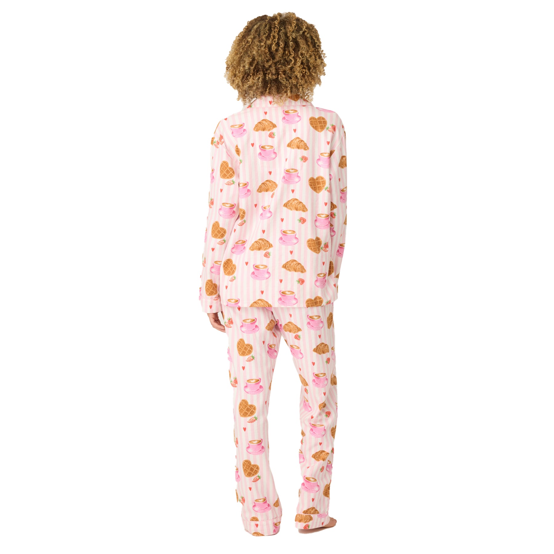 Back view of women’s long-sleeve breakfast-print pajama set.