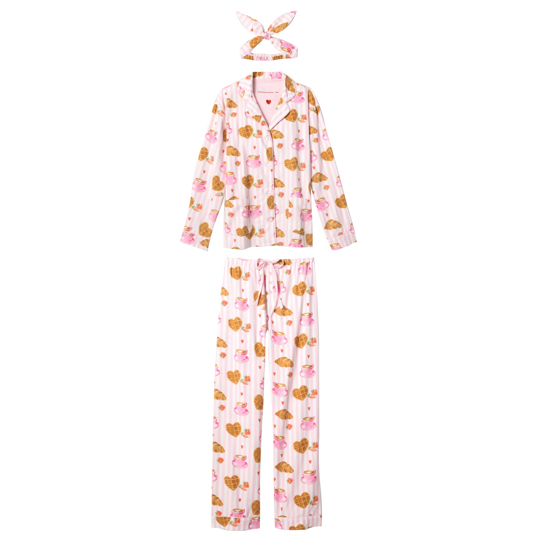 Flat lay of pink striped pajama set with matching headband.
