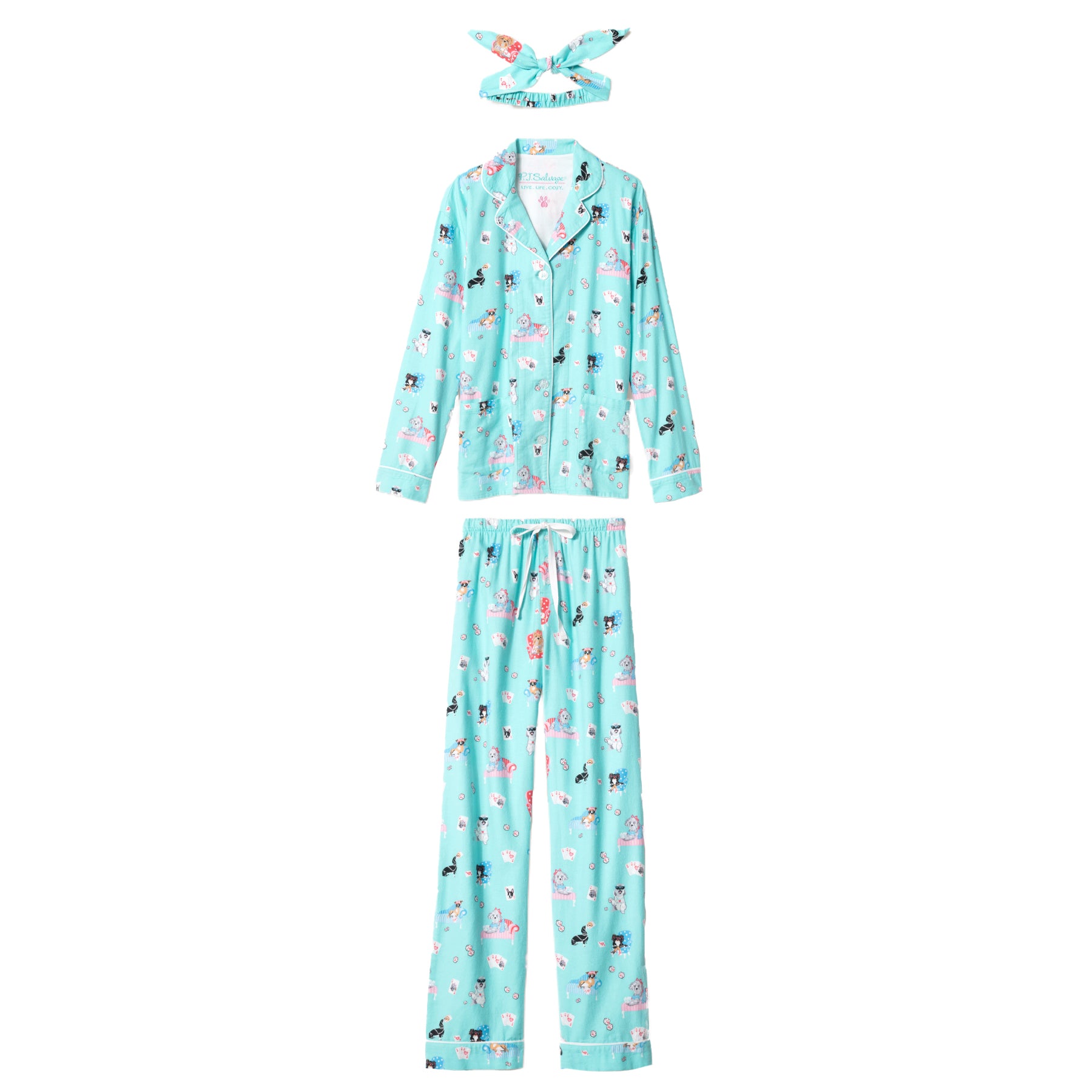 Flat lay of turquoise pajama set with matching headband, long-sleeve top, and drawstring pants.