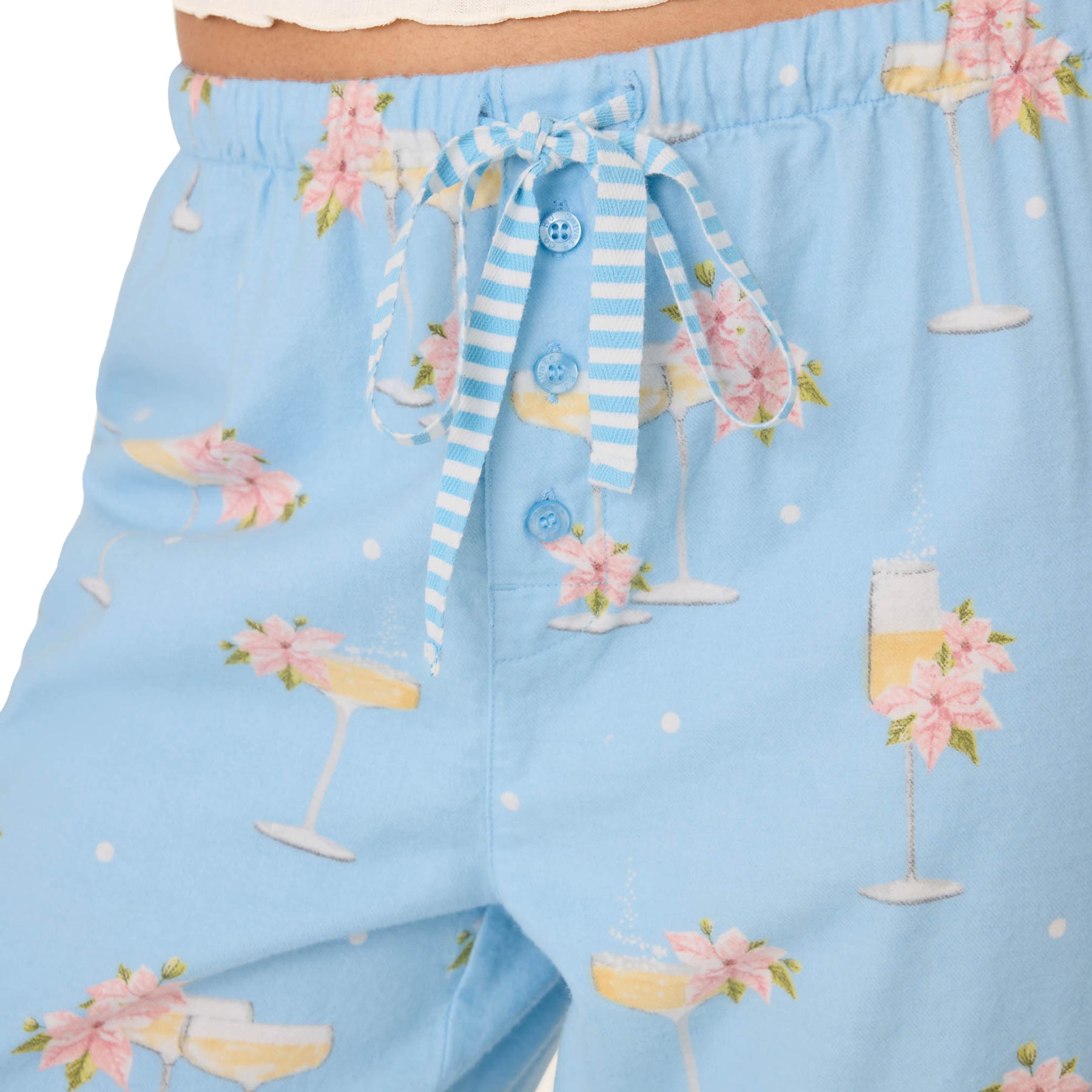 Light blue pajama pants with floral and cocktail pattern