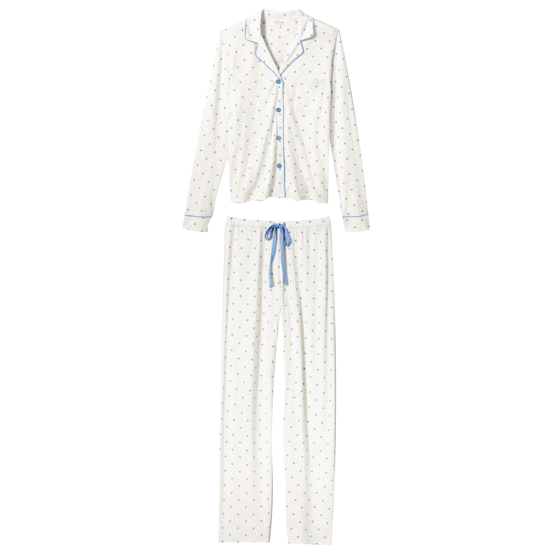 White pajama set with blue accents on a white background