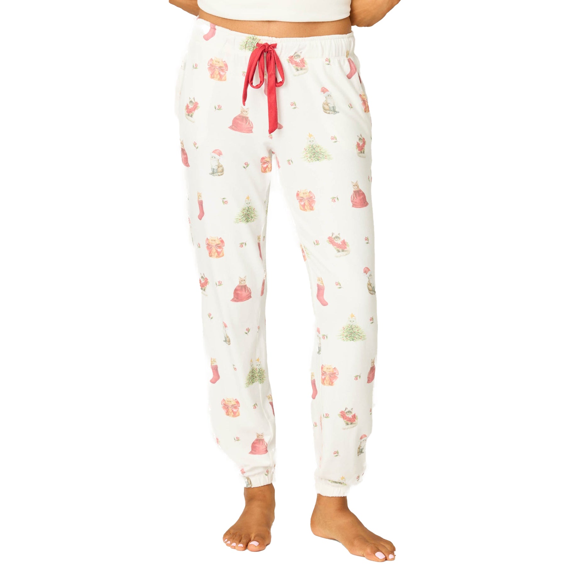 Floral patterned pajama pants with a red drawstring on a white background