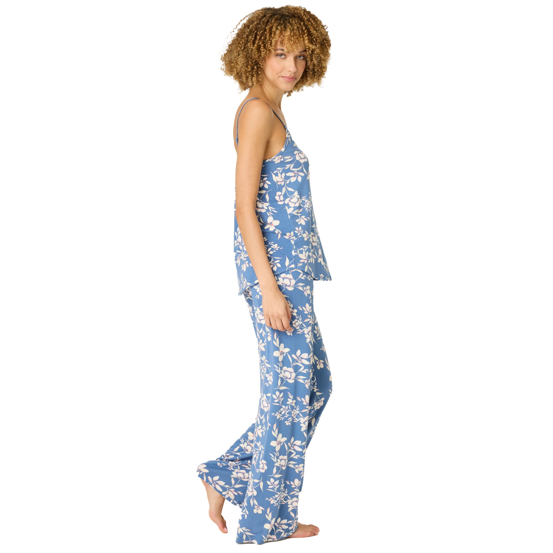 Women’s blue floral camisole and wide-leg pyjama pants set, side view