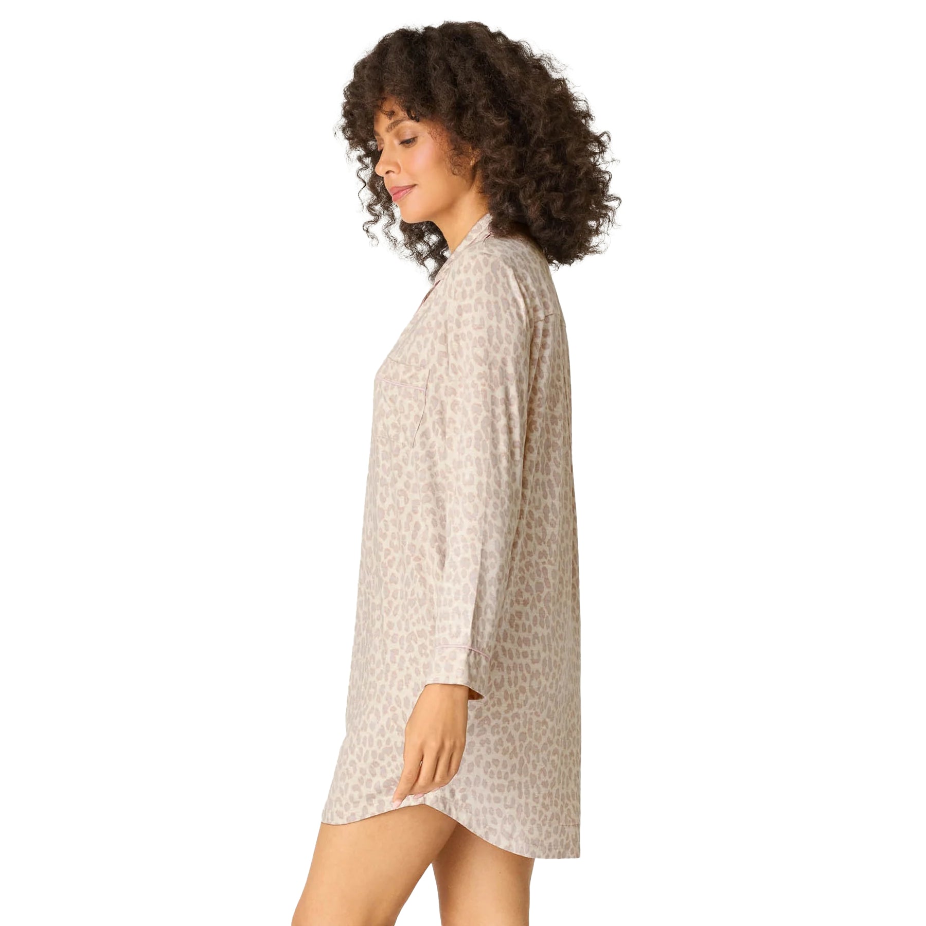 Side view of beige leopard print long sleeve nightshirt with relaxed silhouette and lightweight fabric.