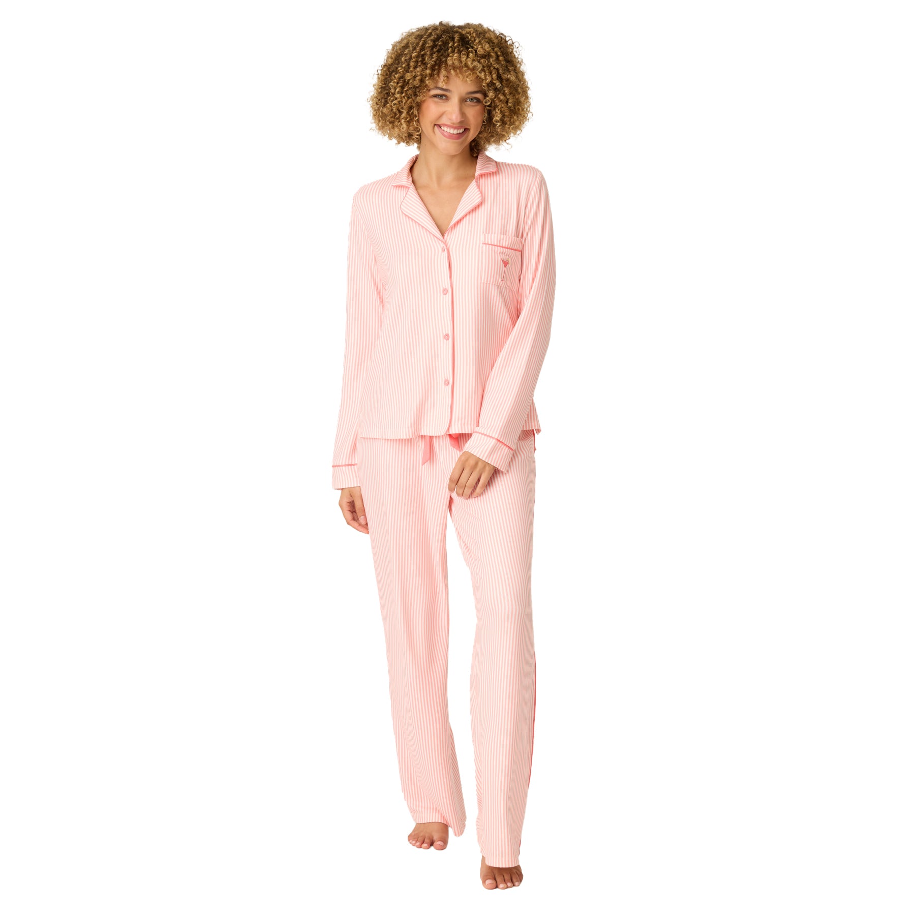 Women’s pink striped pyjama set with long sleeve button-down top and relaxed fit pants – front view