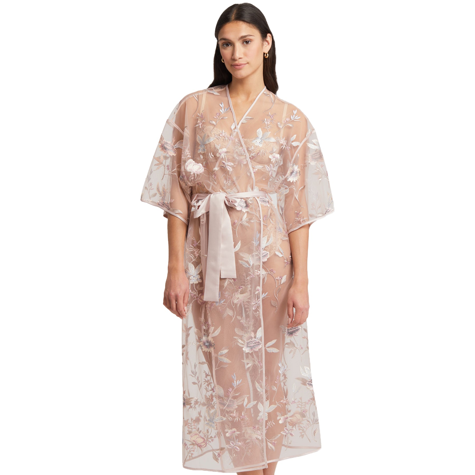 RYA Long Embroidered Sheer Robe in Sepia Rose - full-length sheer robe with floral embroidery and satin waist tie