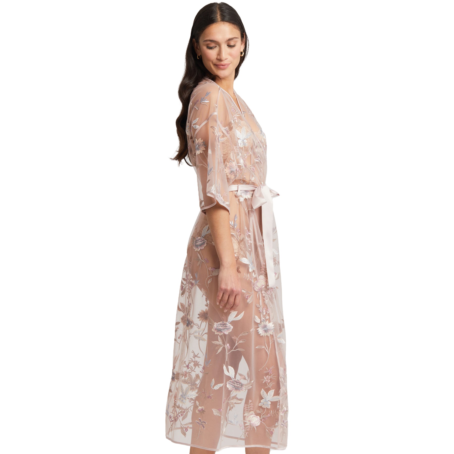 RYA Sepia Rose Sheer Robe - side profile of long mesh robe with pastel floral embroidery and wide sleeves