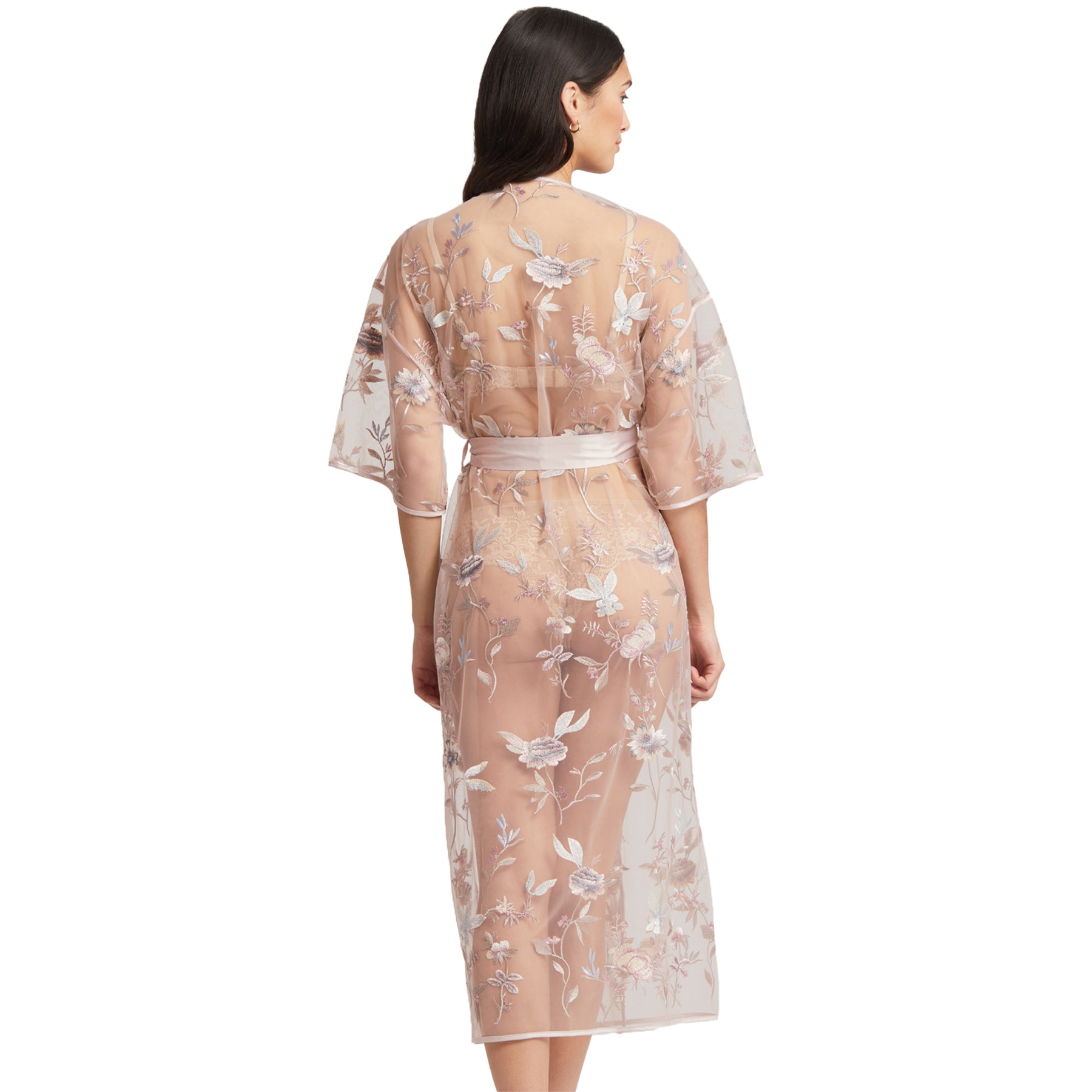 RYA Long Sheer Robe in Sepia Rose - back view showing intricate floral embroidery and soft satin sash