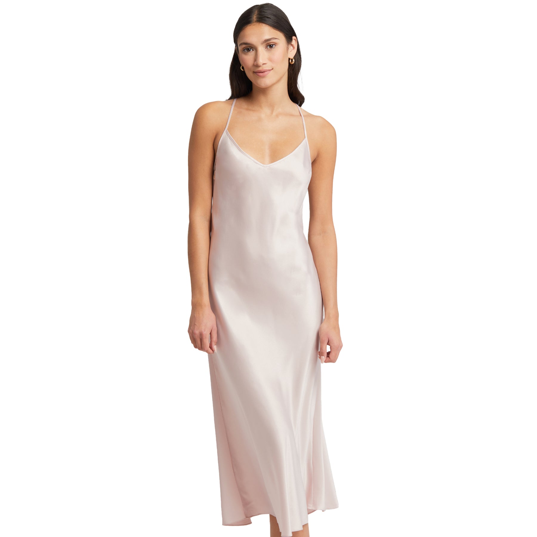RYA Sepia Rose Backless Gown - front view of long satin slip dress with spaghetti straps and gentle V neckline