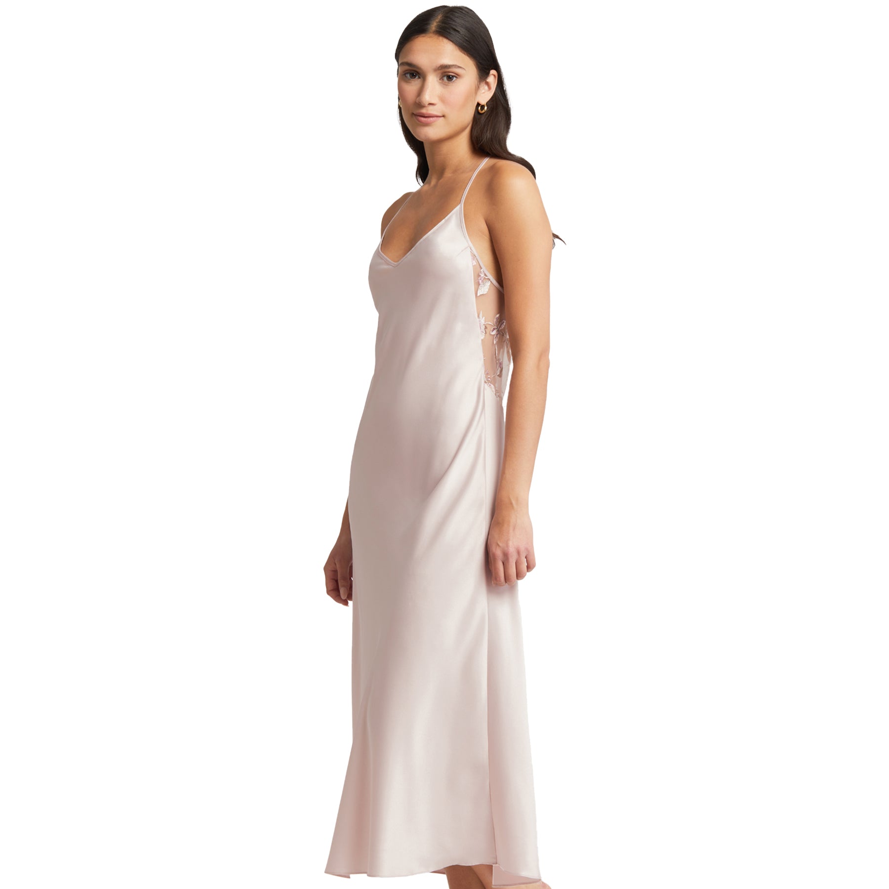 RYA Sepia Rose Satin Gown - side view showing flowing silhouette and embroidered sheer mesh back panel