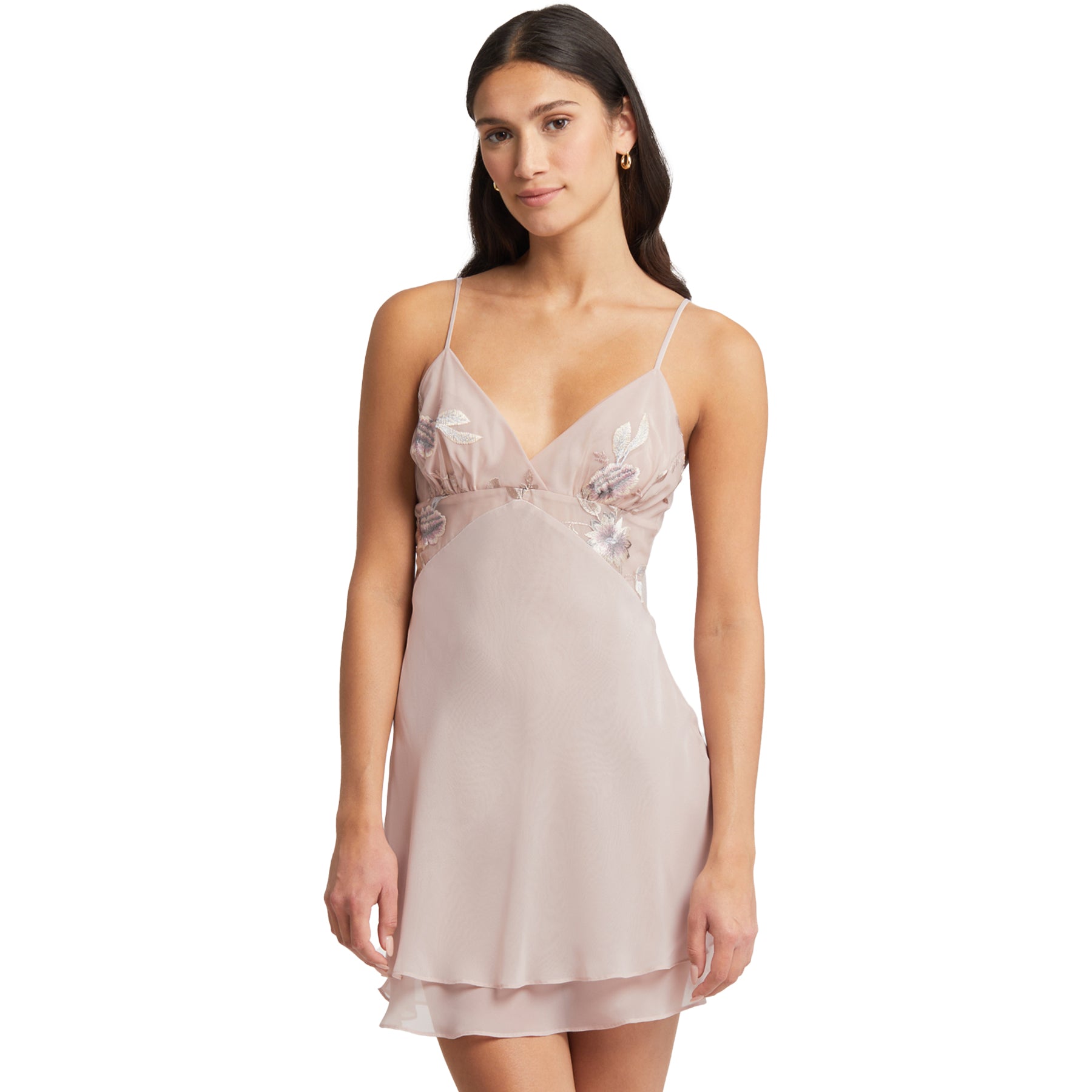 RYA Sepia Rose Chemise with embroidered top - sheer mesh bodice, floral detailing, and flowing double-layered hem