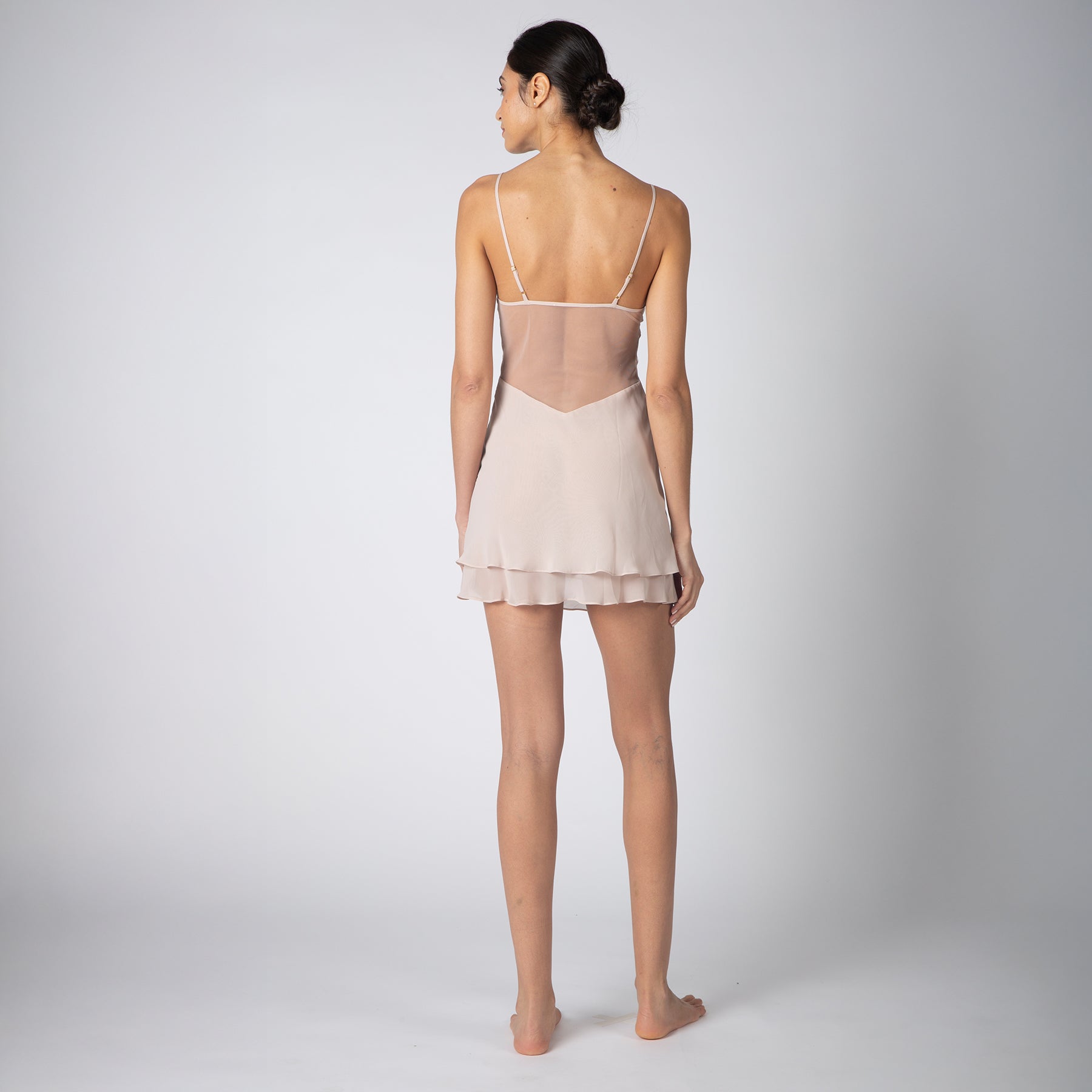 Back view of RYA Sepia Rose Chemise - soft mesh top with tiered chiffon hem and thin adjustable straps