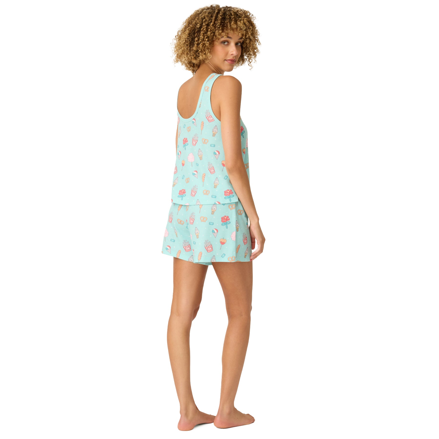 Back view of PJ Salvage blue tank and shorts sleep set with whimsical snack pattern