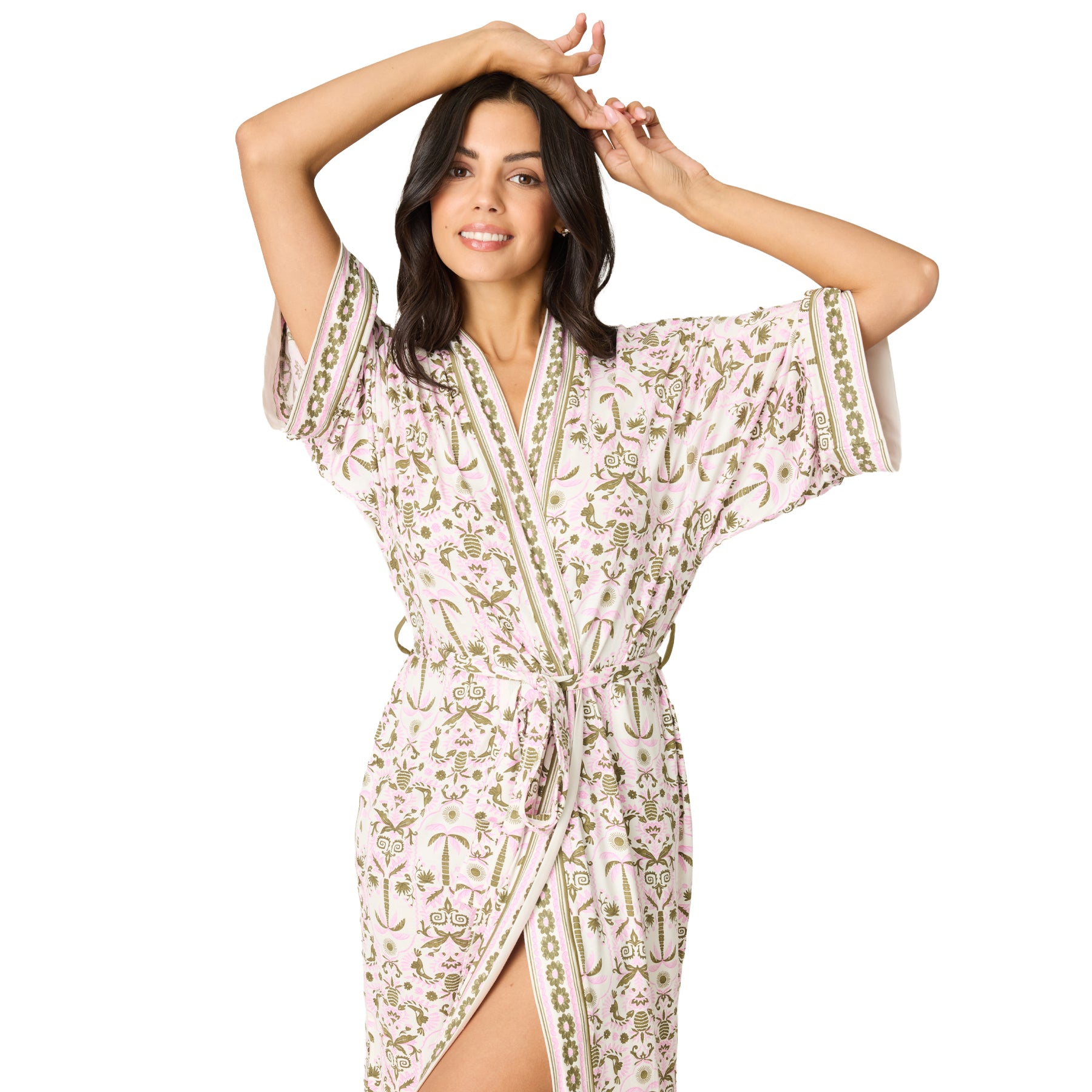 Women's lightweight pink floral print kimono robe with olive green accents, wide sleeves, and adjustable self-tie waist.