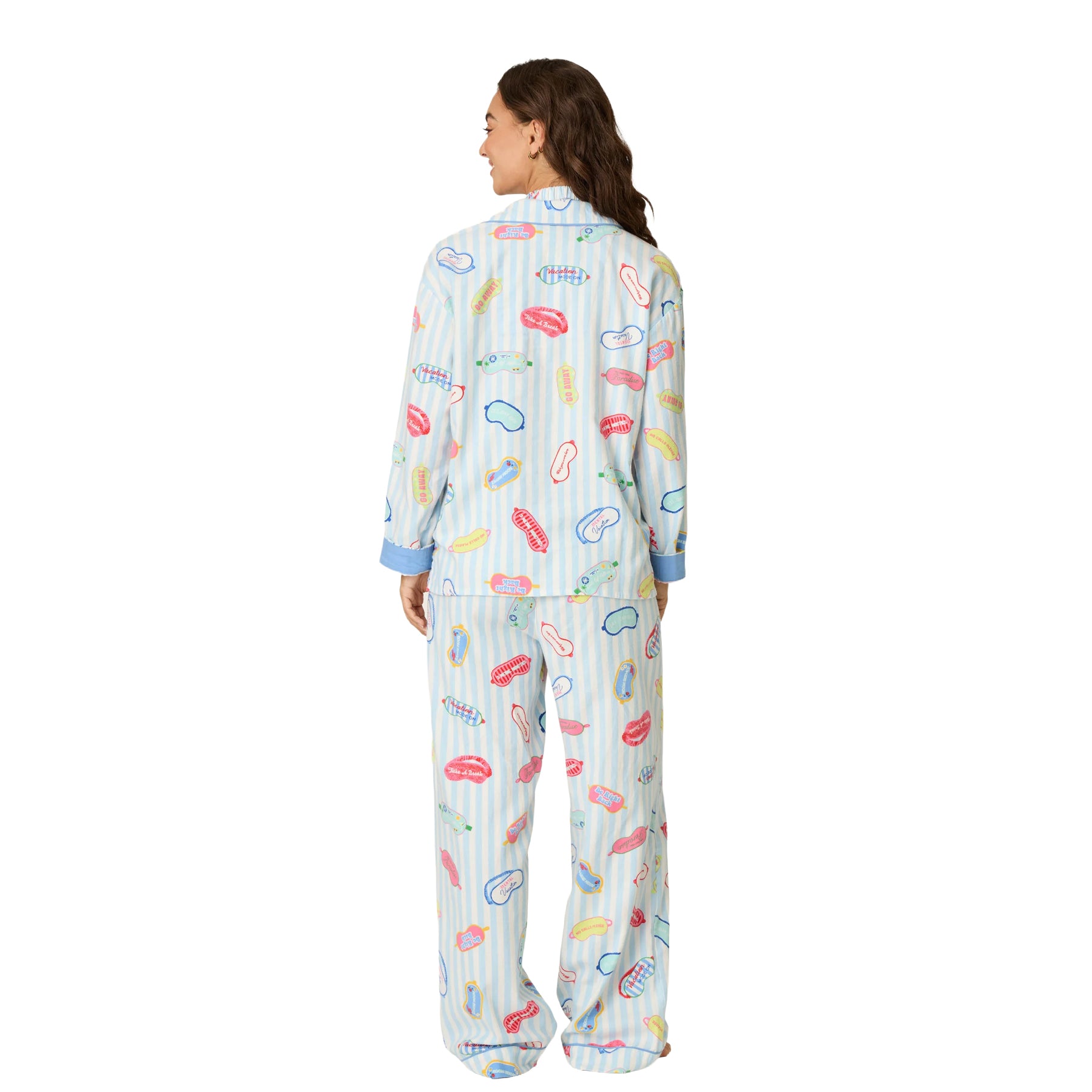 Back view of light blue striped vacation print pajama set with long-sleeve top and matching wide-leg pants.