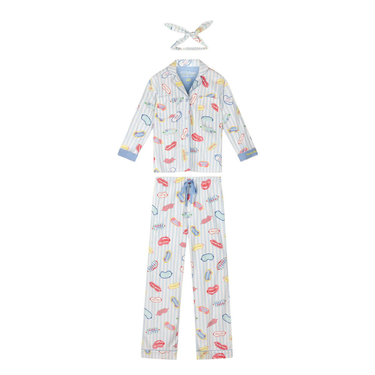 Light blue and white striped vacation print pajama set with button-up long-sleeve top, relaxed pants and matching neck tie.