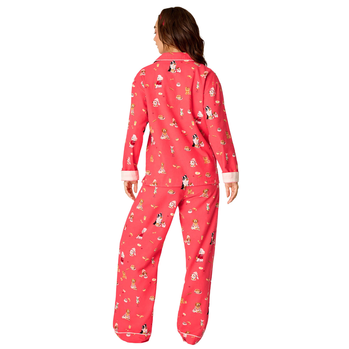 Model wearing PJ Salvage Brunch Pups long sleeve flannel pyjama top and matching pants, back view.