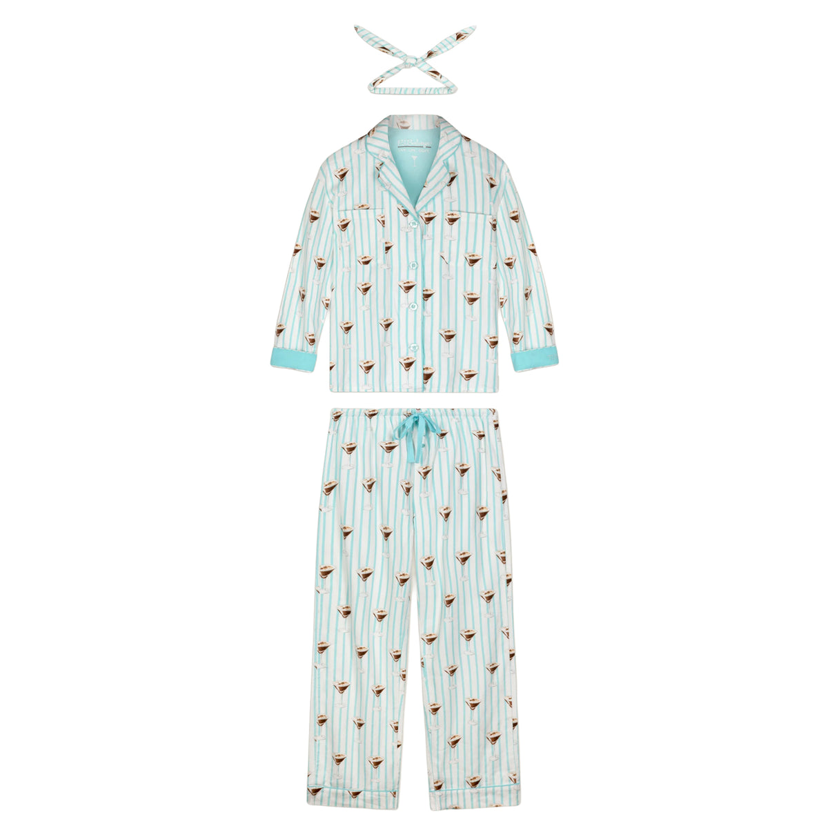 PJ Salvage Tipsy Time long sleeve button-down pyjama set in Pool Blue with mint stripes, cocktail glass print, matching pants and headband, flat lay.