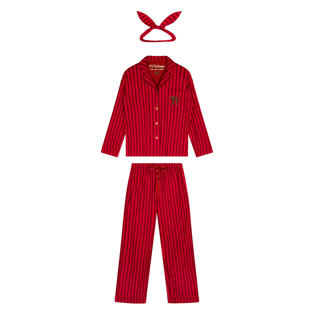 PJ Salvage red and burgundy striped flannel pajama set with button-up shirt, full-length pants and matching headband, flat layout.