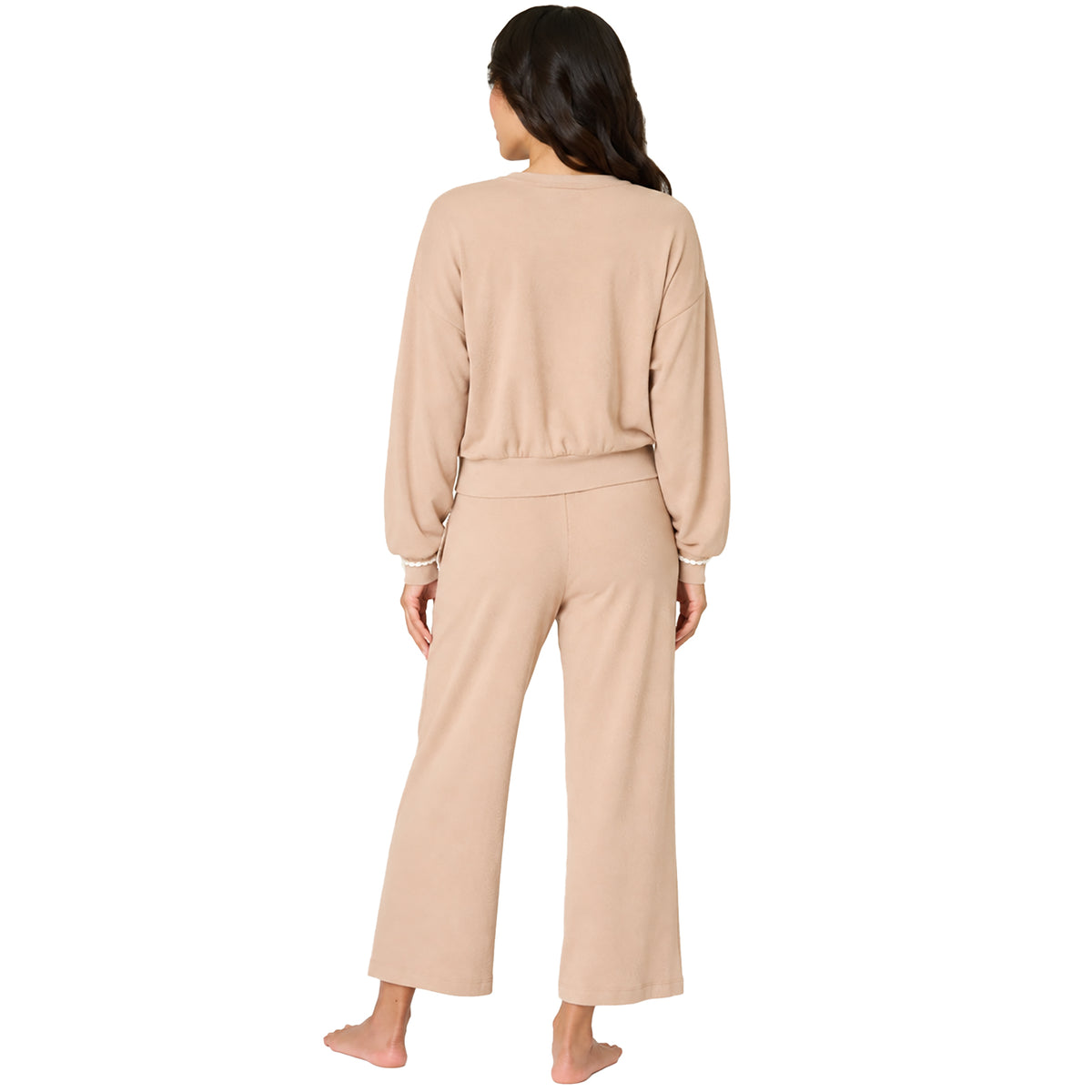 Rear view of PJ Salvage palms away warm taupe long sleeve lounge set with a relaxed sweatshirt, embroidered palm tree motif, and matching pants.