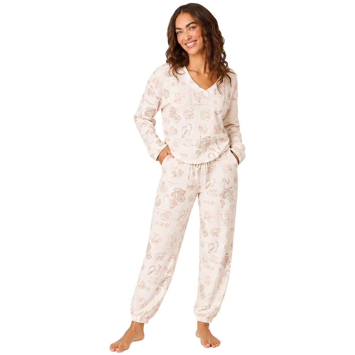 Women's ivory tropical print waffle knit lounge top paired with warm taupe lounge shorts featuring embroidered palm trees and scalloped trim.