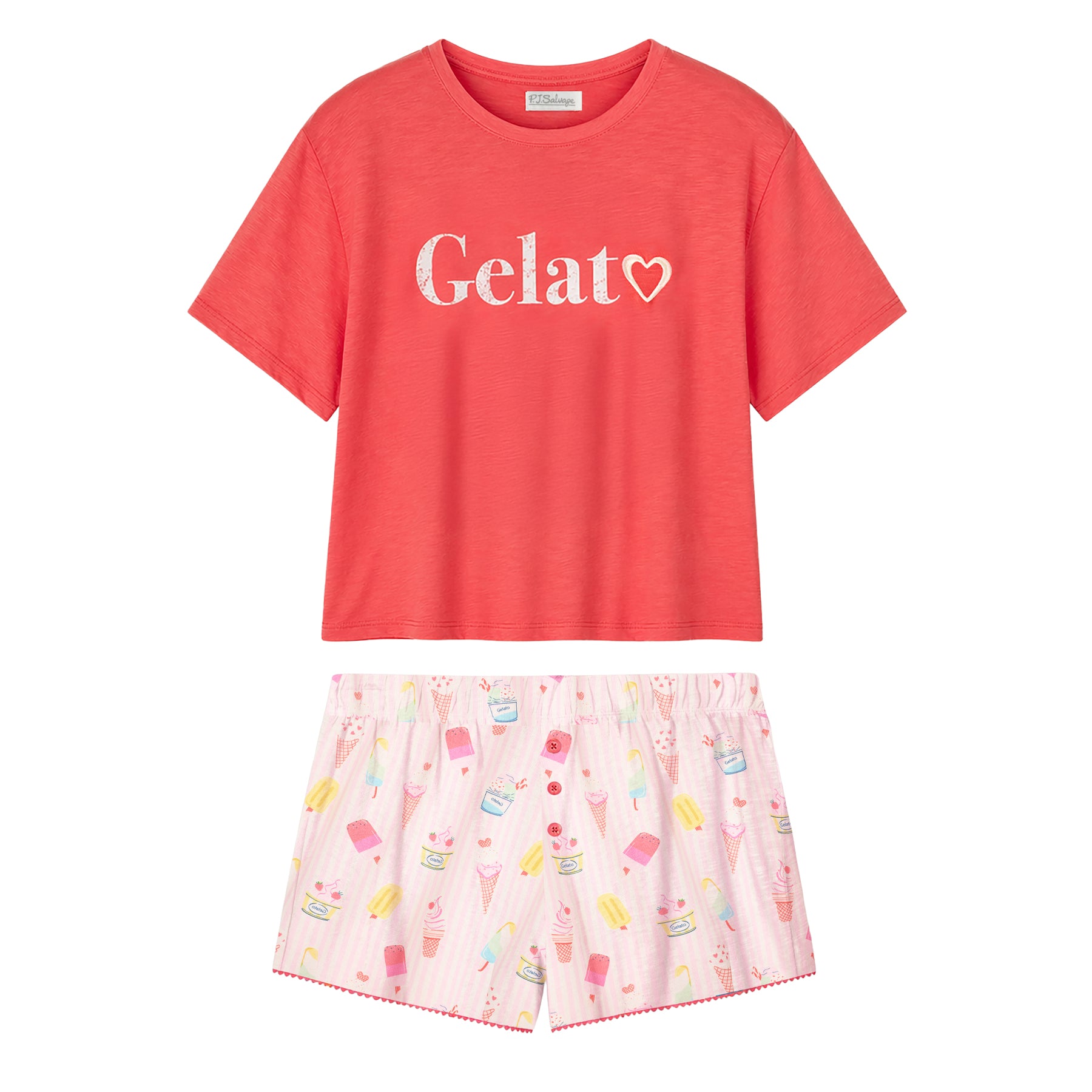 PJ Salvage coral gelato pajama short set with graphic tee and ice cream print shorts.